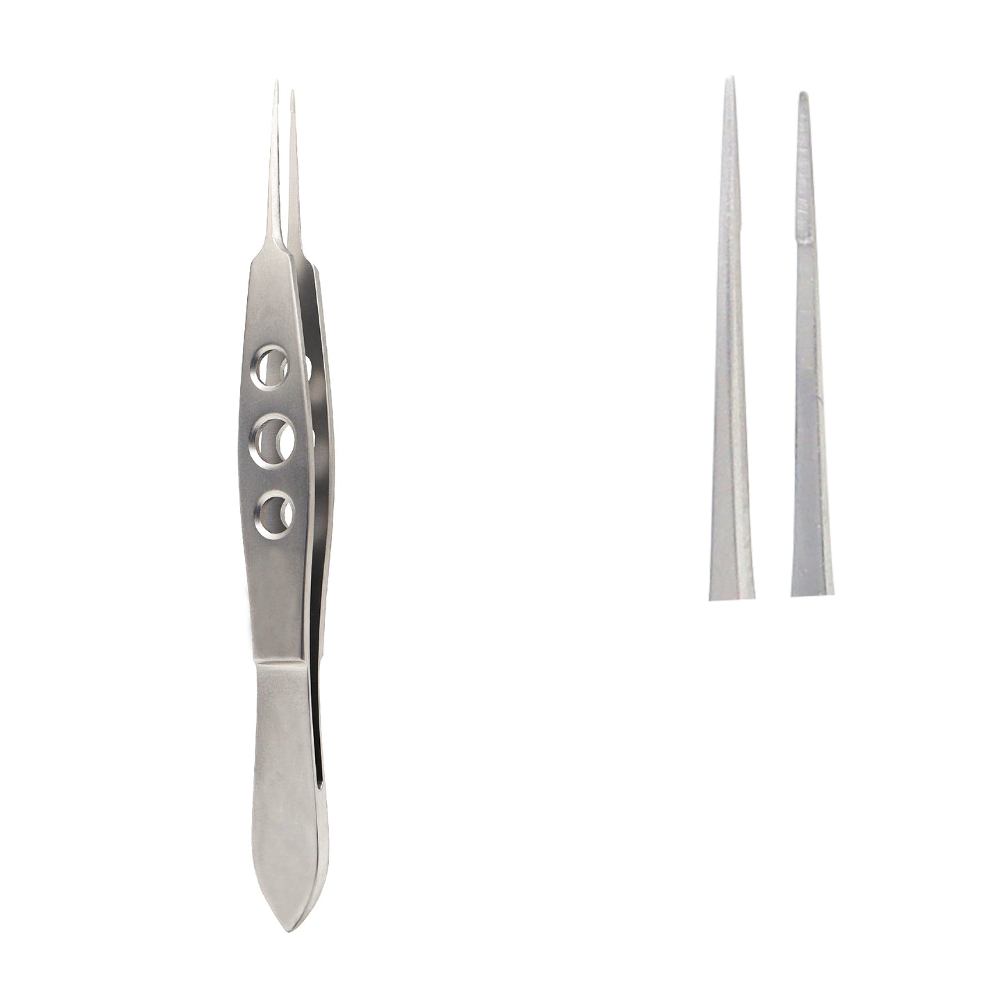 High-detail image of stainless steel straight micro-tying forceps used for microsurgical tissue handling