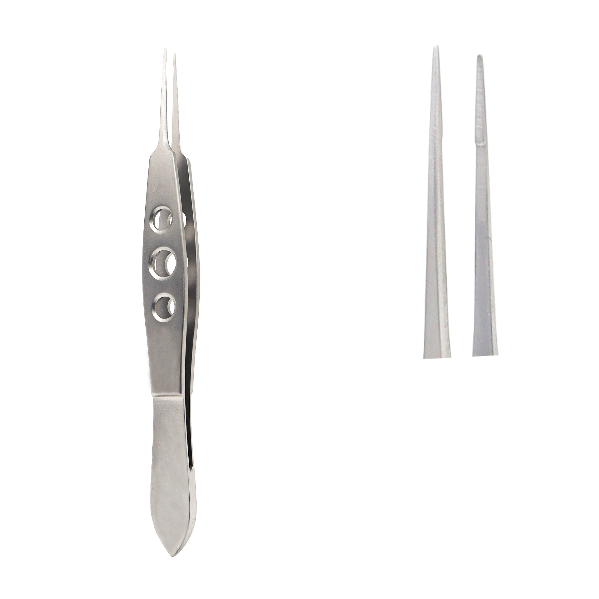 High-detail image of stainless steel straight micro-tying forceps used for microsurgical tissue handling