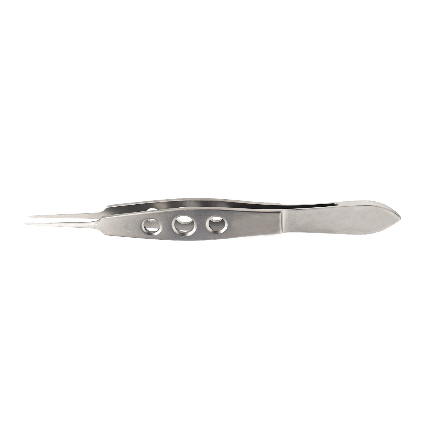A straight micro-tying forceps with a 5mm tying platform, made of stainless steel, with an overall length of 10.5cm.