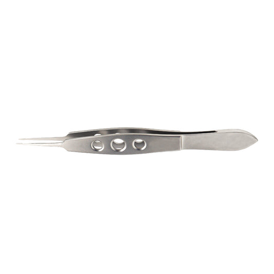 A straight micro-tying forceps with a 5mm tying platform, made of stainless steel, with an overall length of 10.5cm.