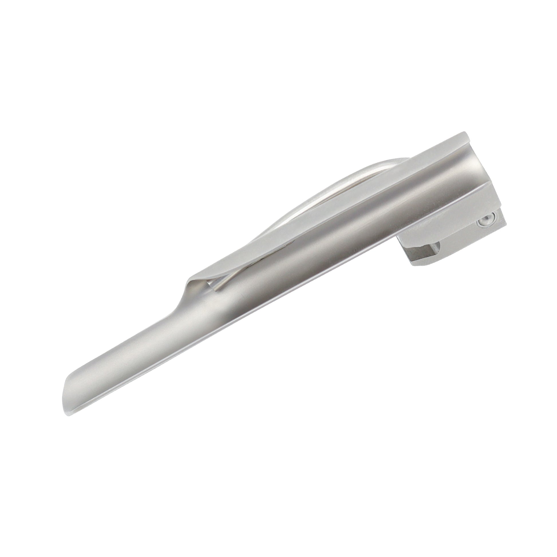 Medical-grade Miller laryngoscope blade made of surgical stainless steel with integrated fiber optic light pipe for neonatal and pediatric endotracheal intubation.
