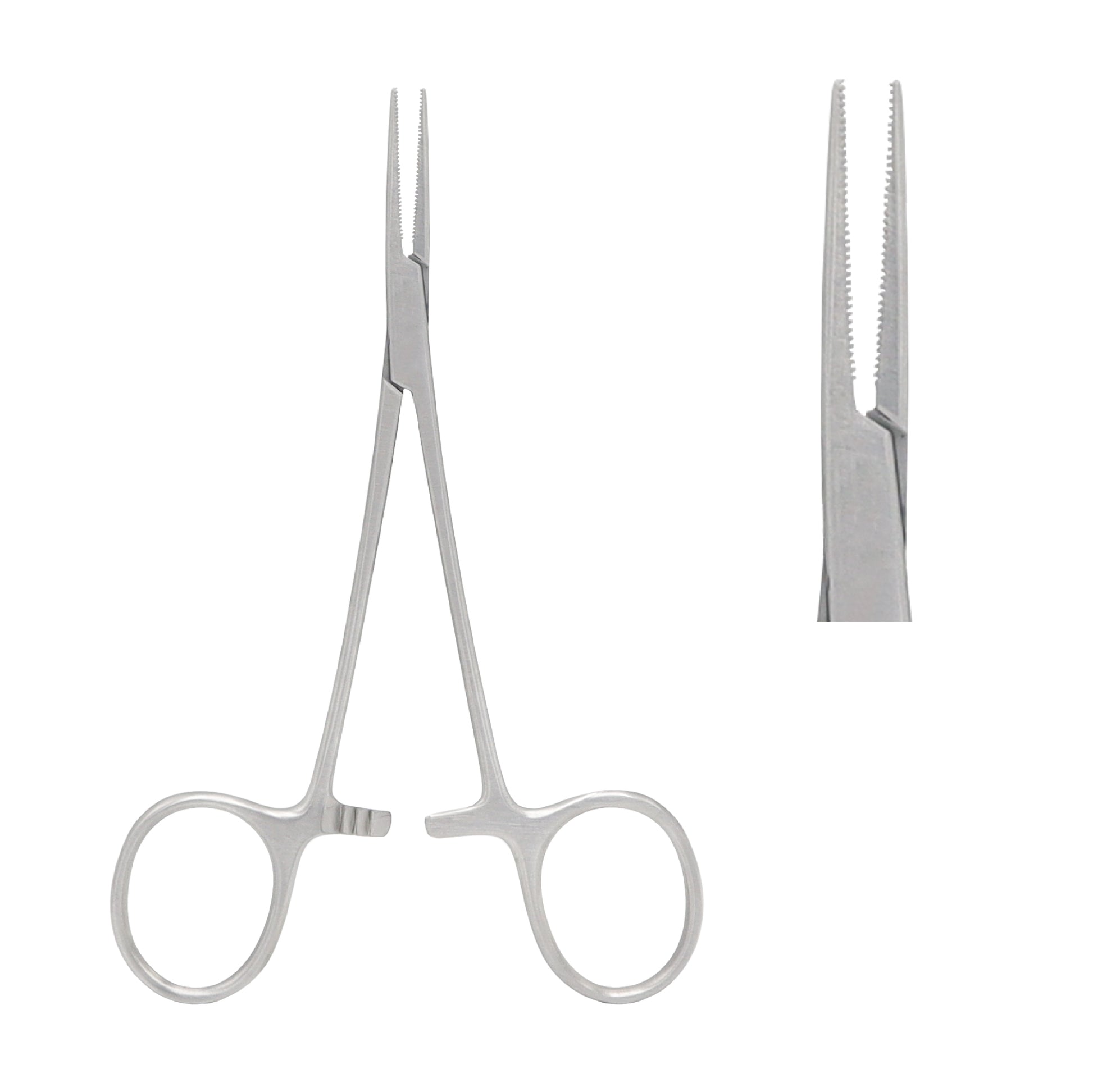 Straight Halstead-Mosquito forceps 12.5 cm used in surgery for precise haemostasis and vessel control.