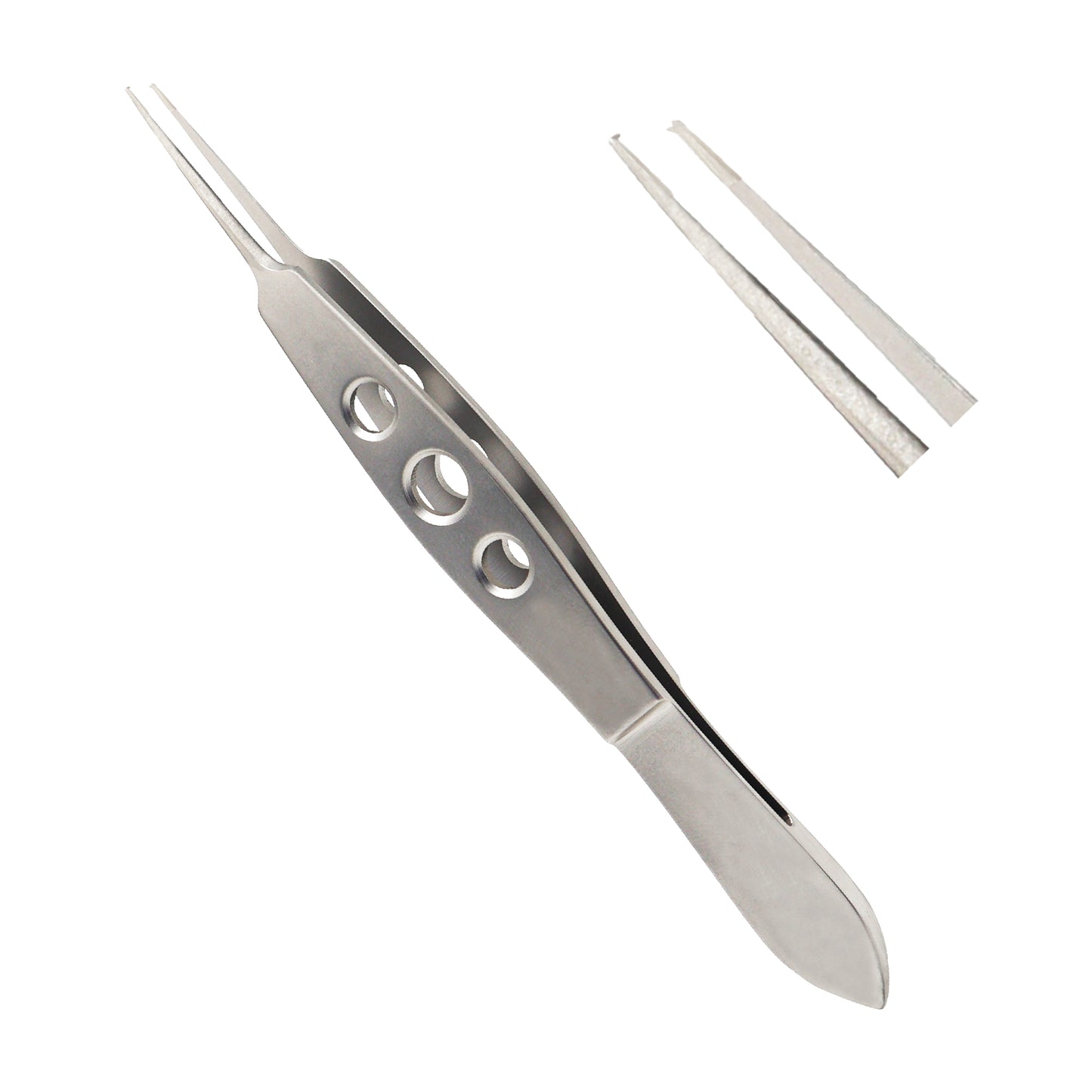 A pair of stainless steel straight ophthalmic suture tying forceps with a three-hole fenestrated handle and fine precision tips, shown alongside a close-up of the tip detail.