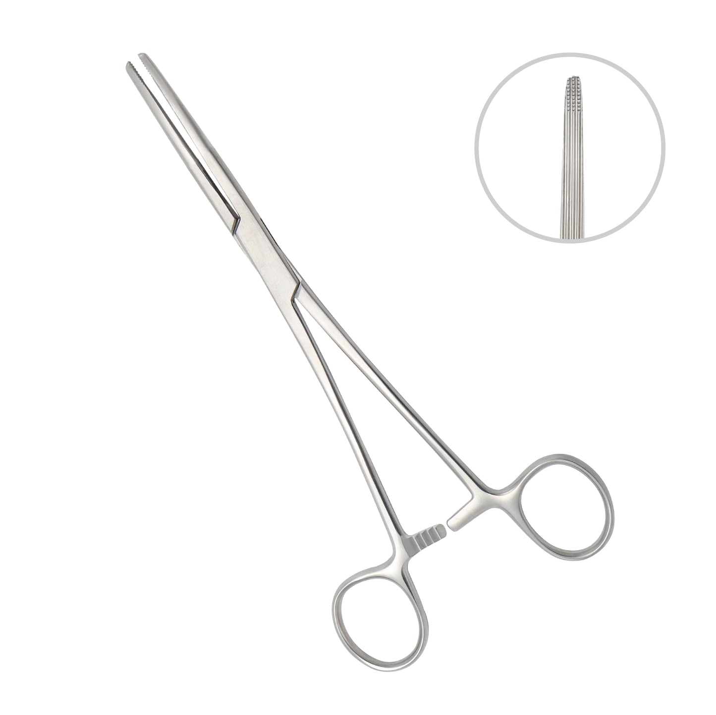Straight stainless steel surgical hemostatic forceps featuring longitudinal jaw serrations, a ratcheted locking handle, and a circular inset showing a close-up of the cross-serrated tips.