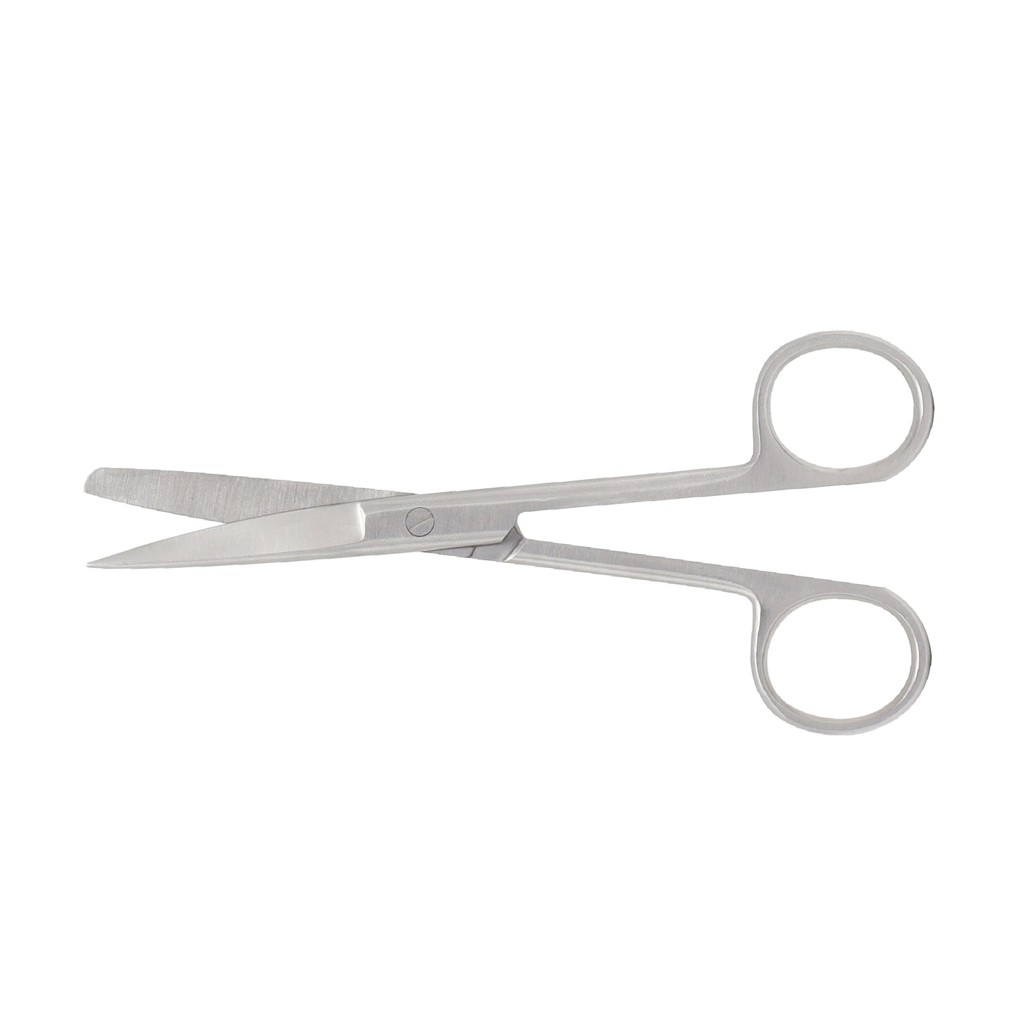 Straight stainless steel surgical operating scissors with one sharp tip and one blunt tip on a white background.