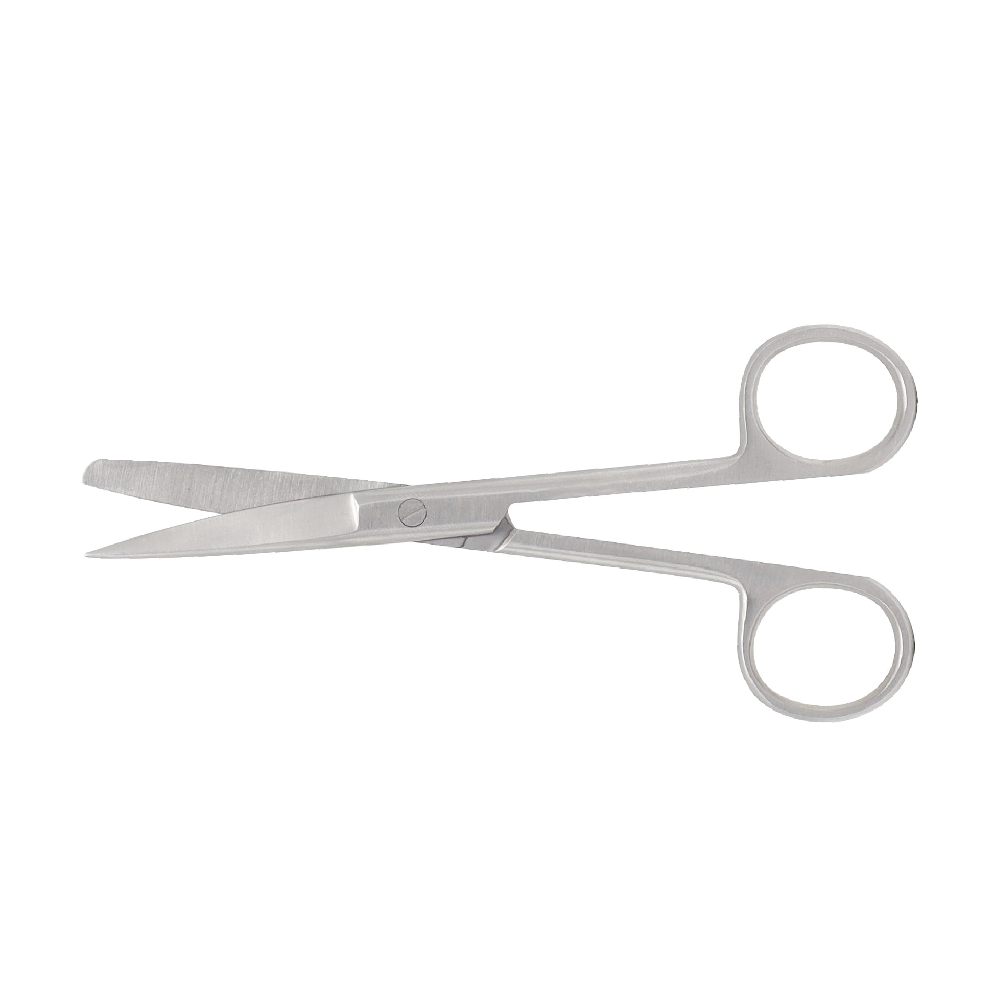 Straight stainless steel surgical operating scissors with one sharp tip and one blunt tip on a white background.