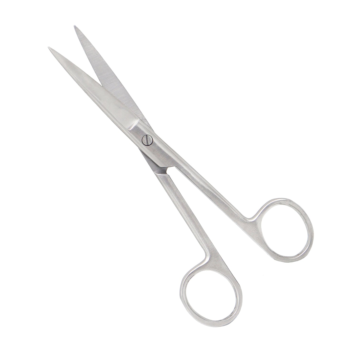 Straight stainless steel surgical operating scissors with one sharp tip and one blunt tip on a white background.