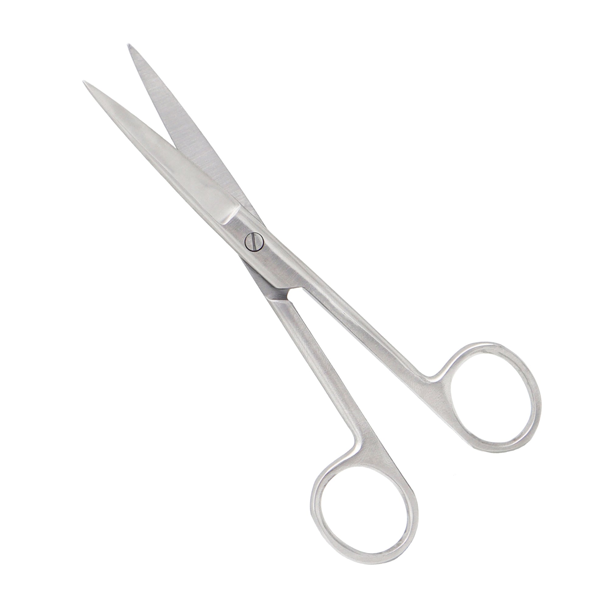Straight stainless steel surgical operating scissors with one sharp tip and one blunt tip on a white background.