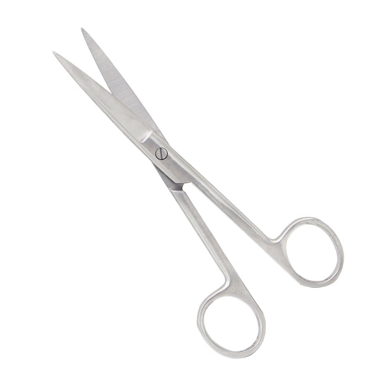 Straight stainless steel surgical operating scissors with one sharp tip and one blunt tip on a white background.