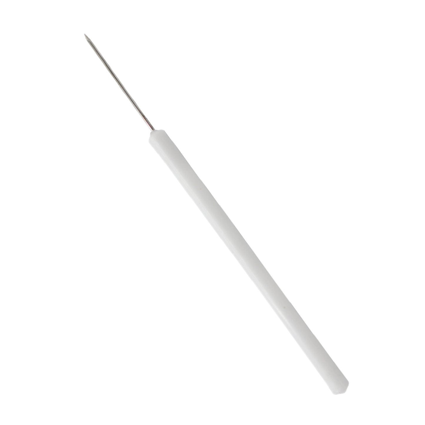A straight stainless steel teasing needle with a long white plastic handle, used for laboratory dissection and sample manipulation.