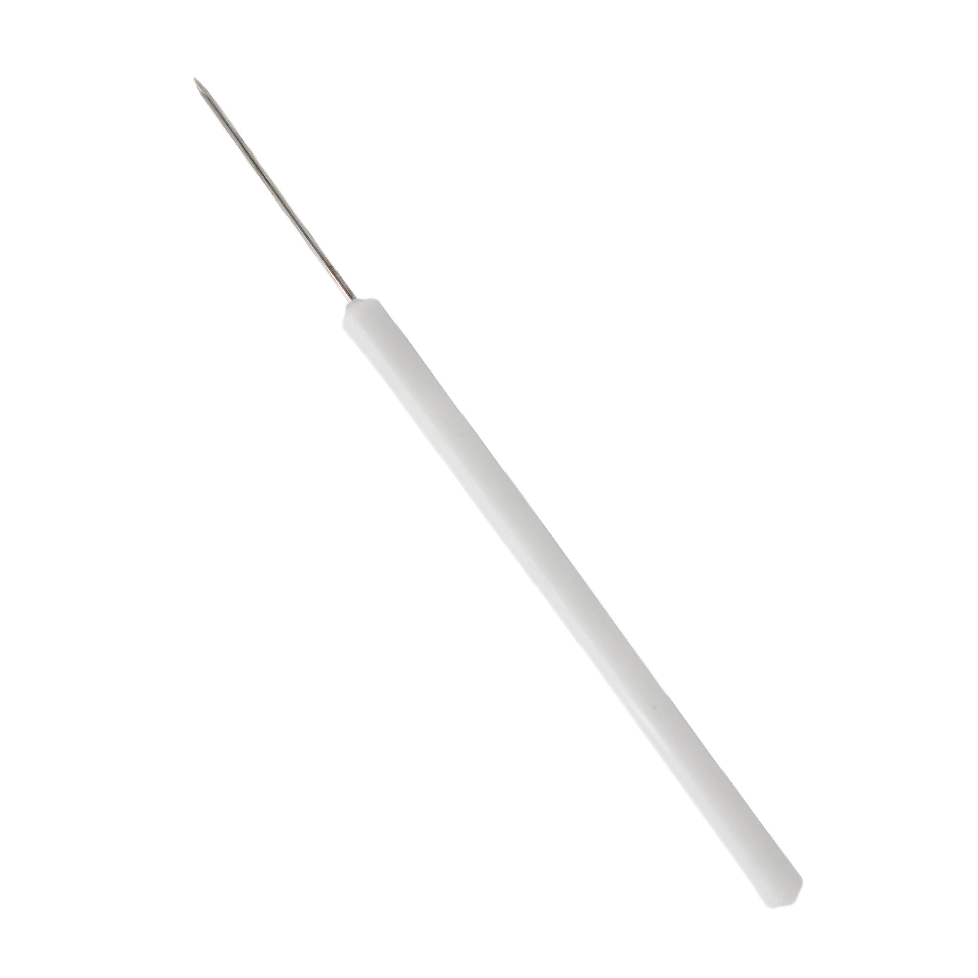 A straight stainless steel teasing needle with a long white plastic handle, used for laboratory dissection and sample manipulation.