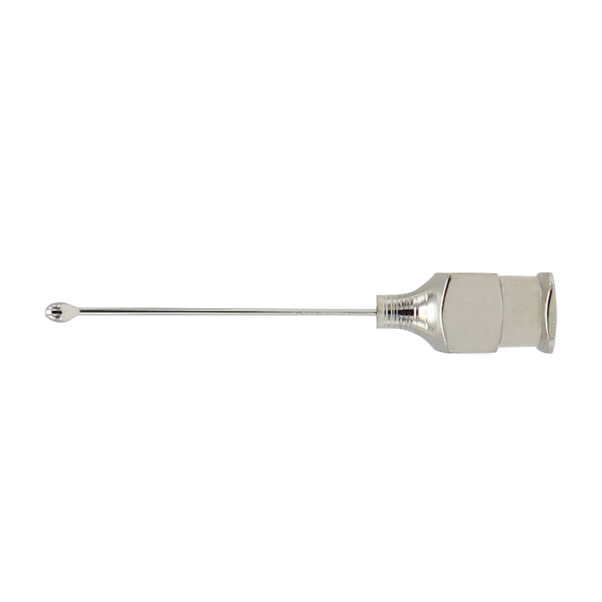A straight, 25 gauge stainless steel cortex aspirating cannula with a flat olive tip.