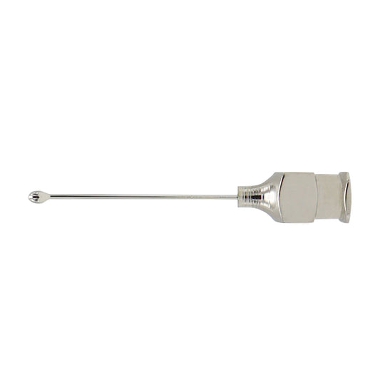 A straight, 25 gauge stainless steel cortex aspirating cannula with a flat olive tip.