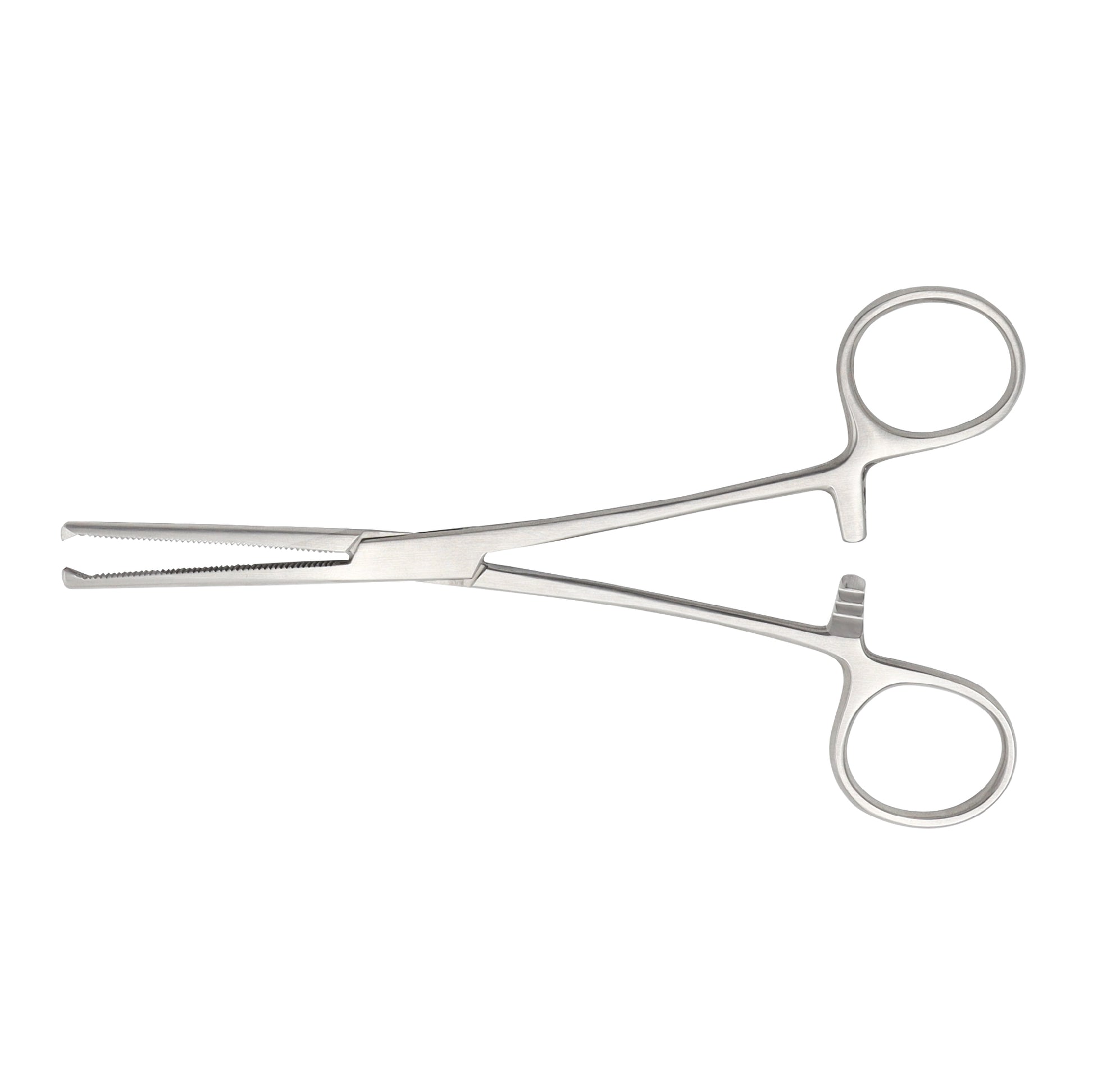 A straight Ochsner Hemostatic Forceps made of stainless steel with serrated jaws and a ratchet locking mechanism.
