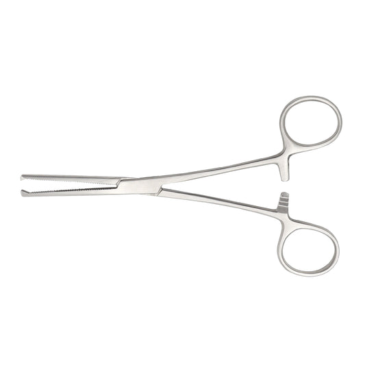 A straight Ochsner Hemostatic Forceps made of stainless steel with serrated jaws and a ratchet locking mechanism.