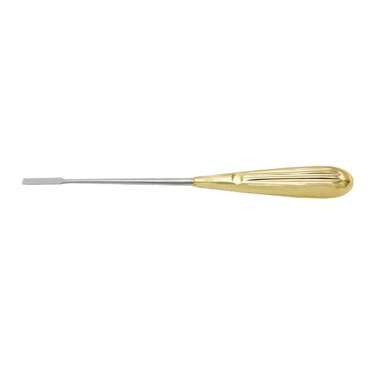 A straight flap dissector with a gold-colored handle made of stainless steel.