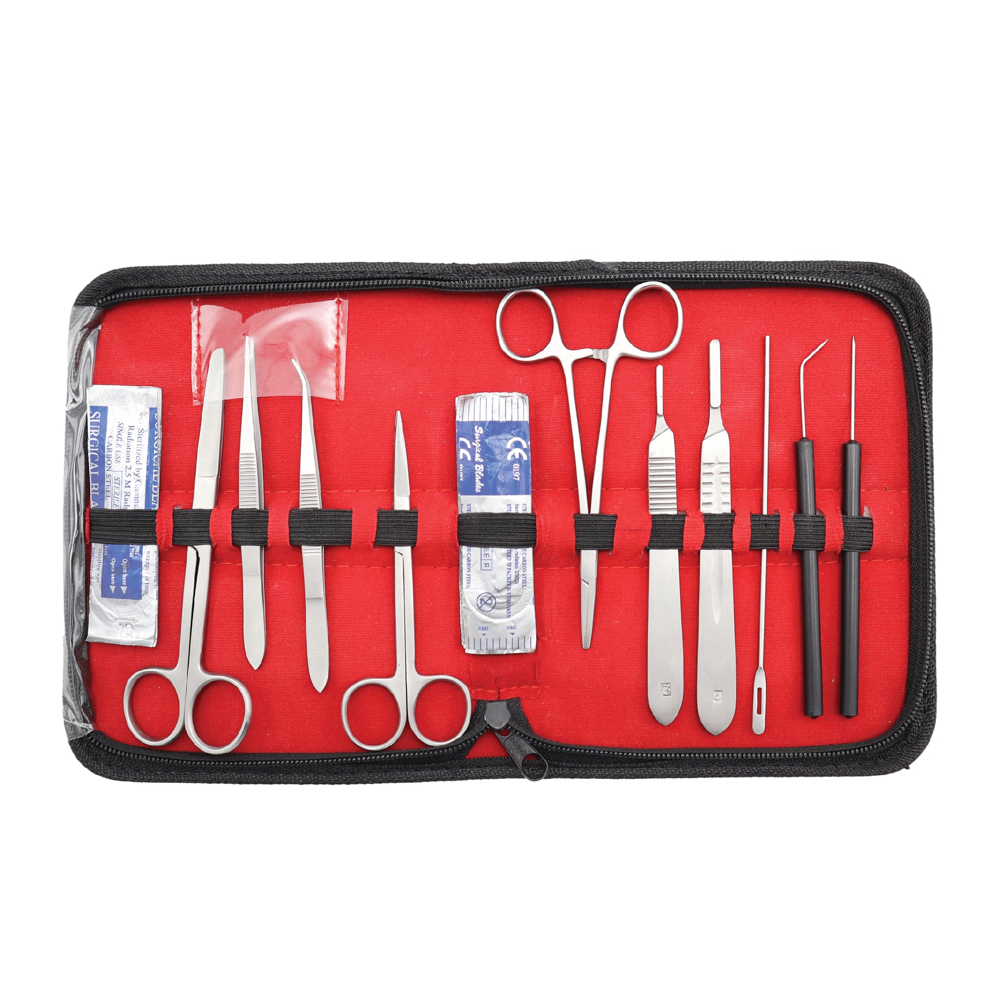 A student botanical kit containing various medical instruments such as scissors, tweezers, and scalpels, arranged neatly inside a red case.