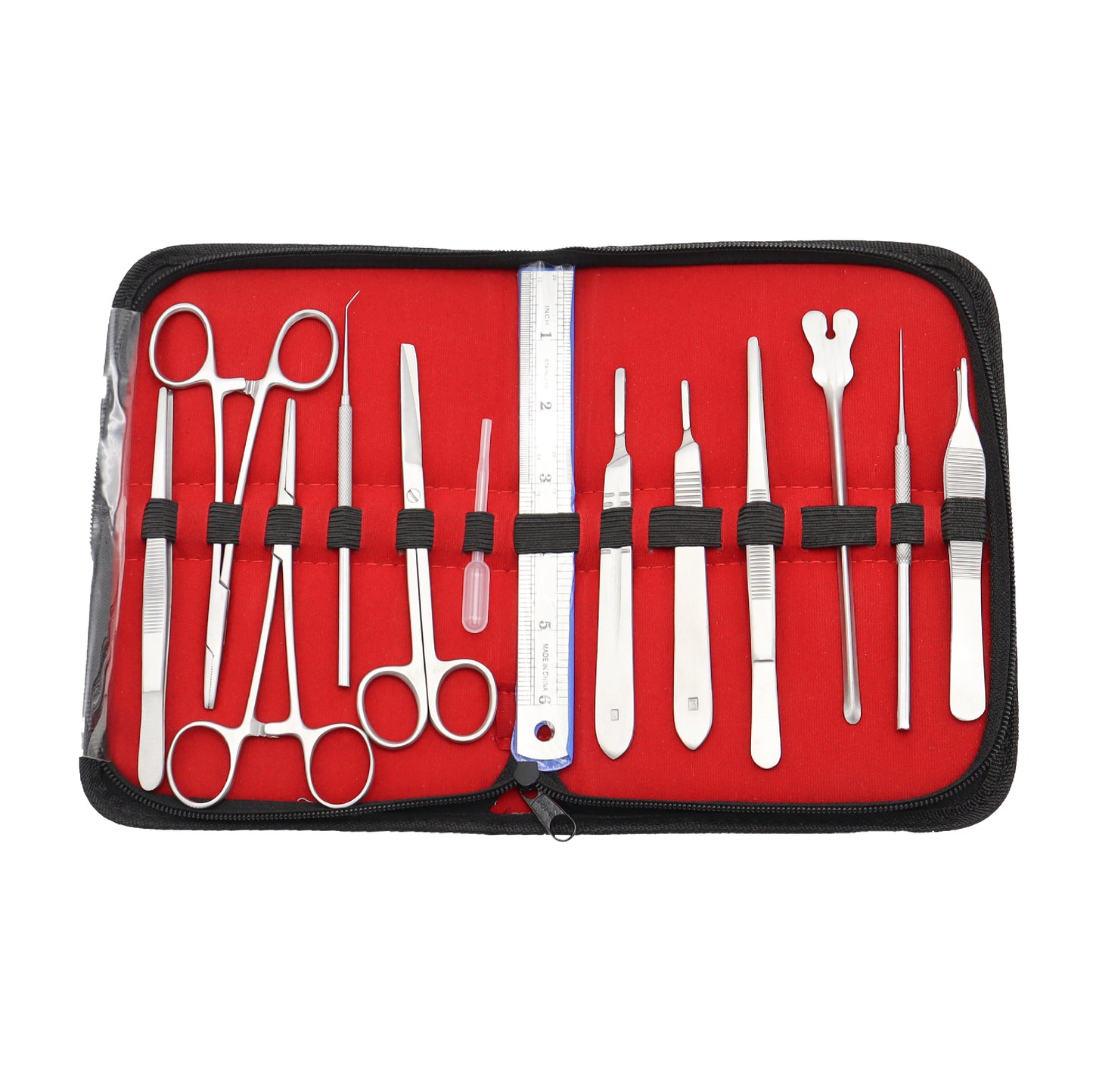 A student dissecting kit containing various medical instruments such as scalpels, scissors, needles, and forceps, arranged neatly inside a red case.
