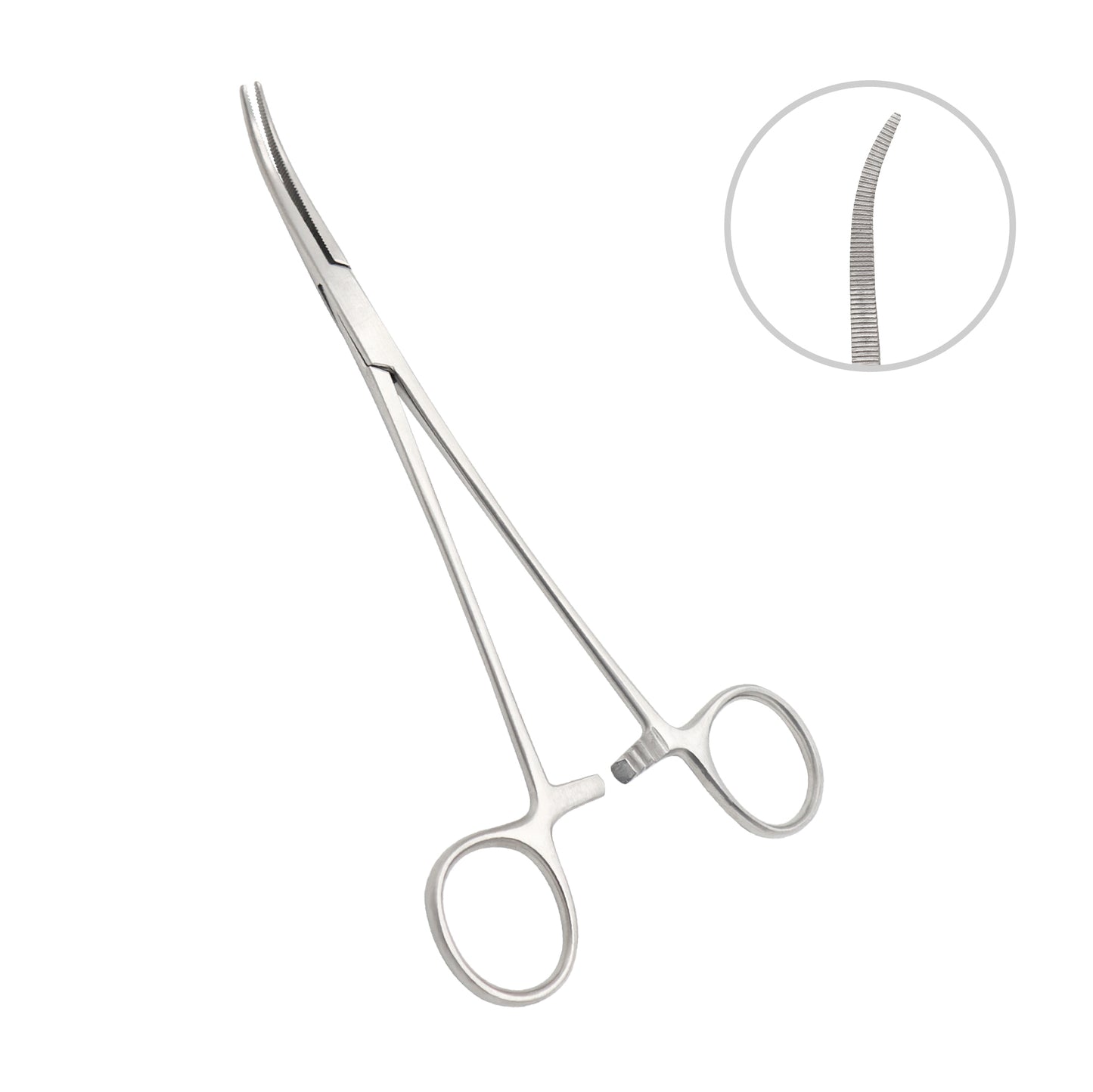 Curved hemostatic forceps with serrated jaws and ratchet lock mechanism, isolated on a white background.