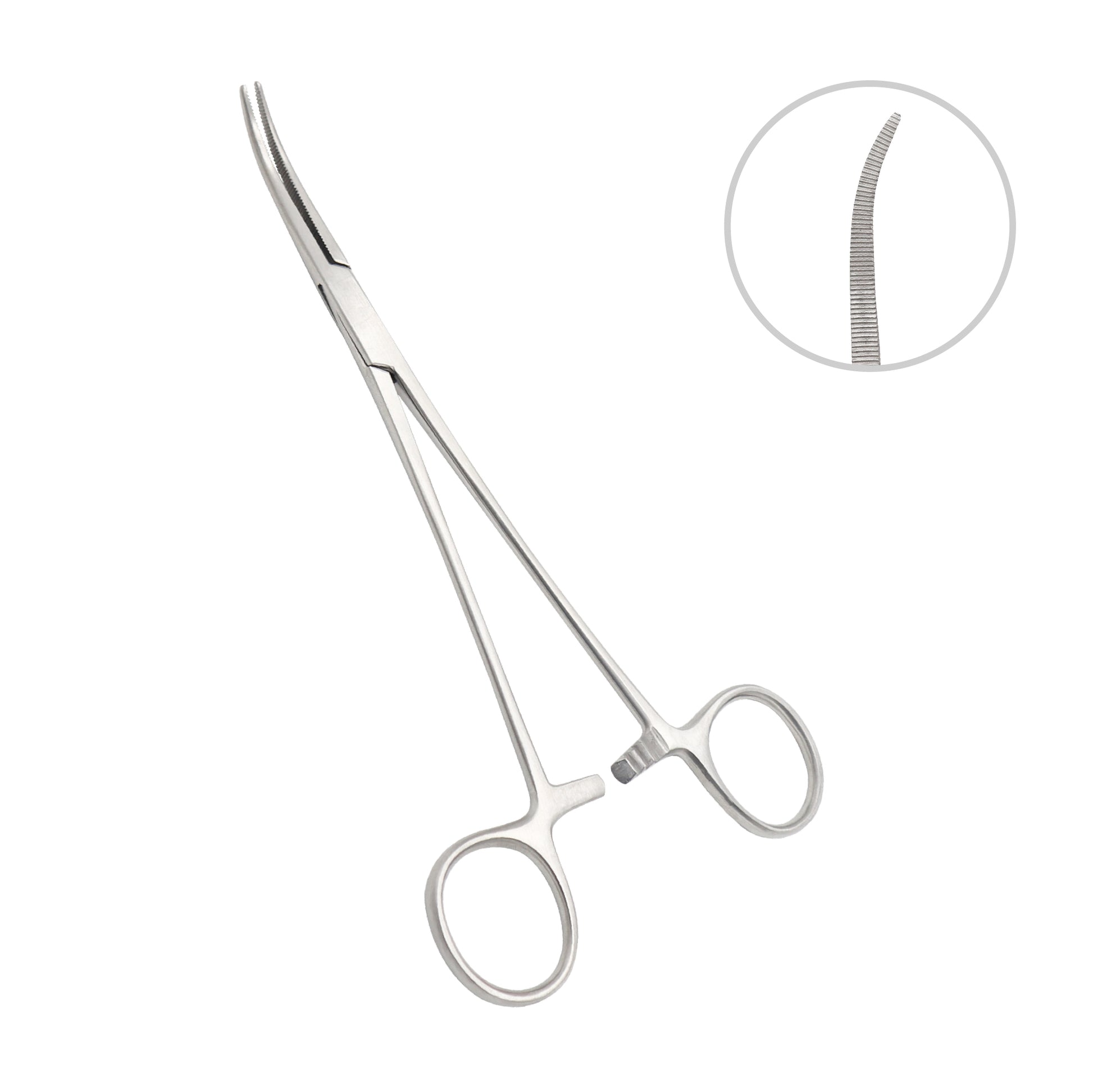 Curved hemostatic forceps with serrated jaws and ratchet lock mechanism, isolated on a white background.