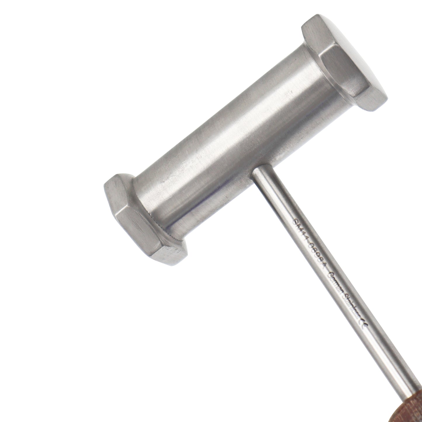 Medical bone mallet with a metal head and a brown textured handle for orthopedic surgery.