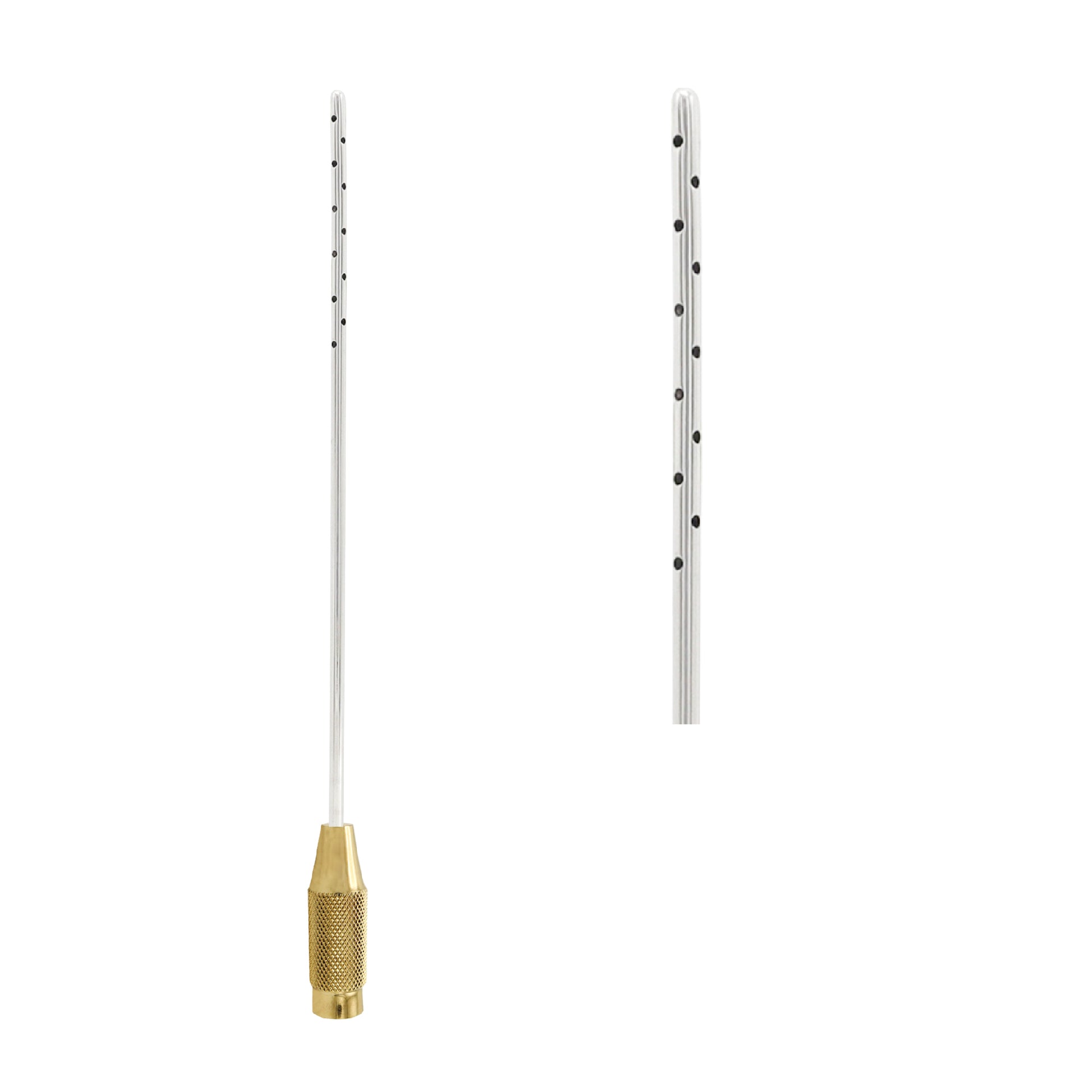 A surgical liposuction cannula featuring a long stainless steel tube with multiple spiral-pattern side ports and a textured gold-plated handle hub.