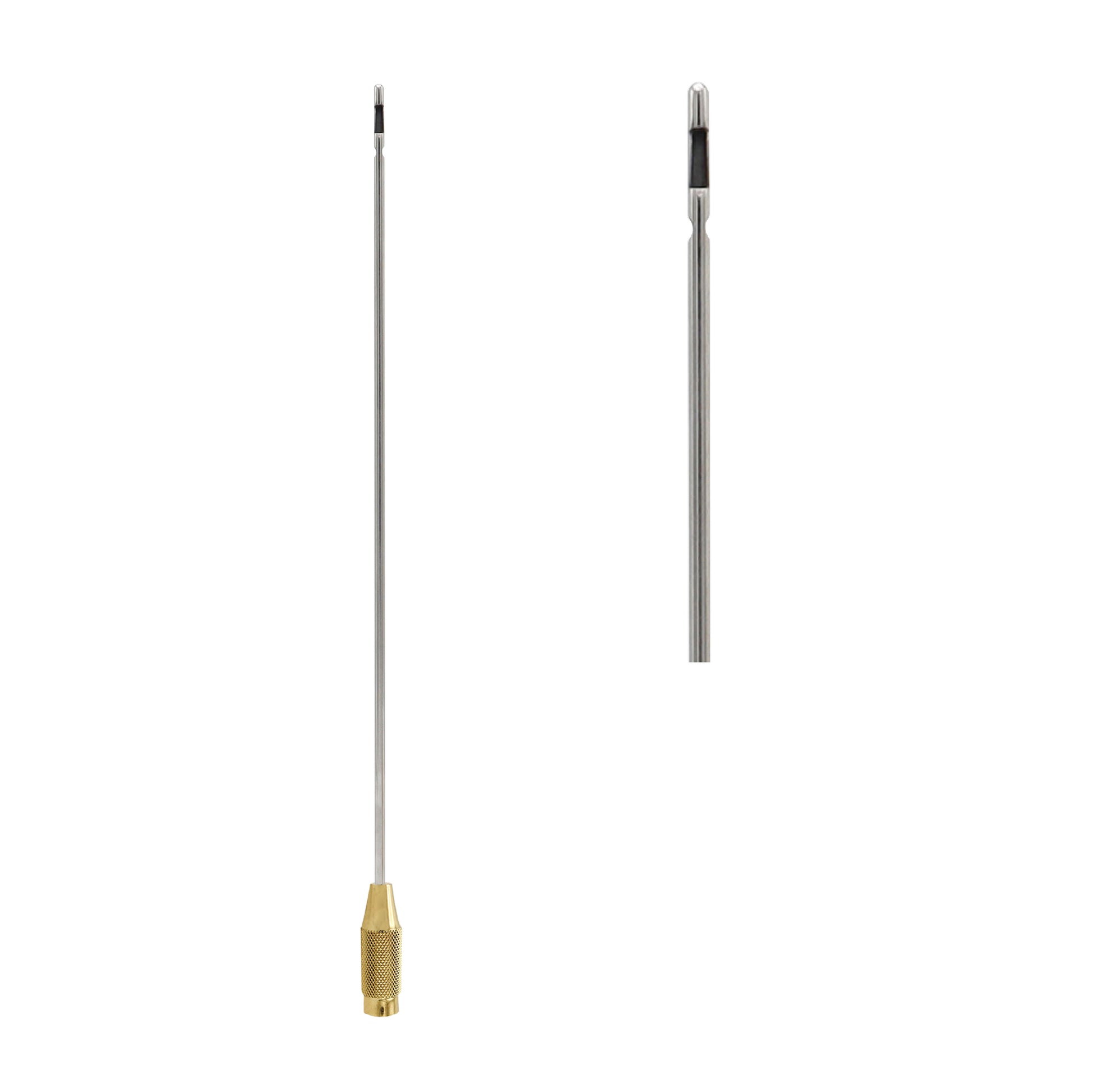A long, slender stainless steel liposuction cannula with a knurled gold-plated threaded handle and a Mercedes-style three-port tip for fat aspiration.