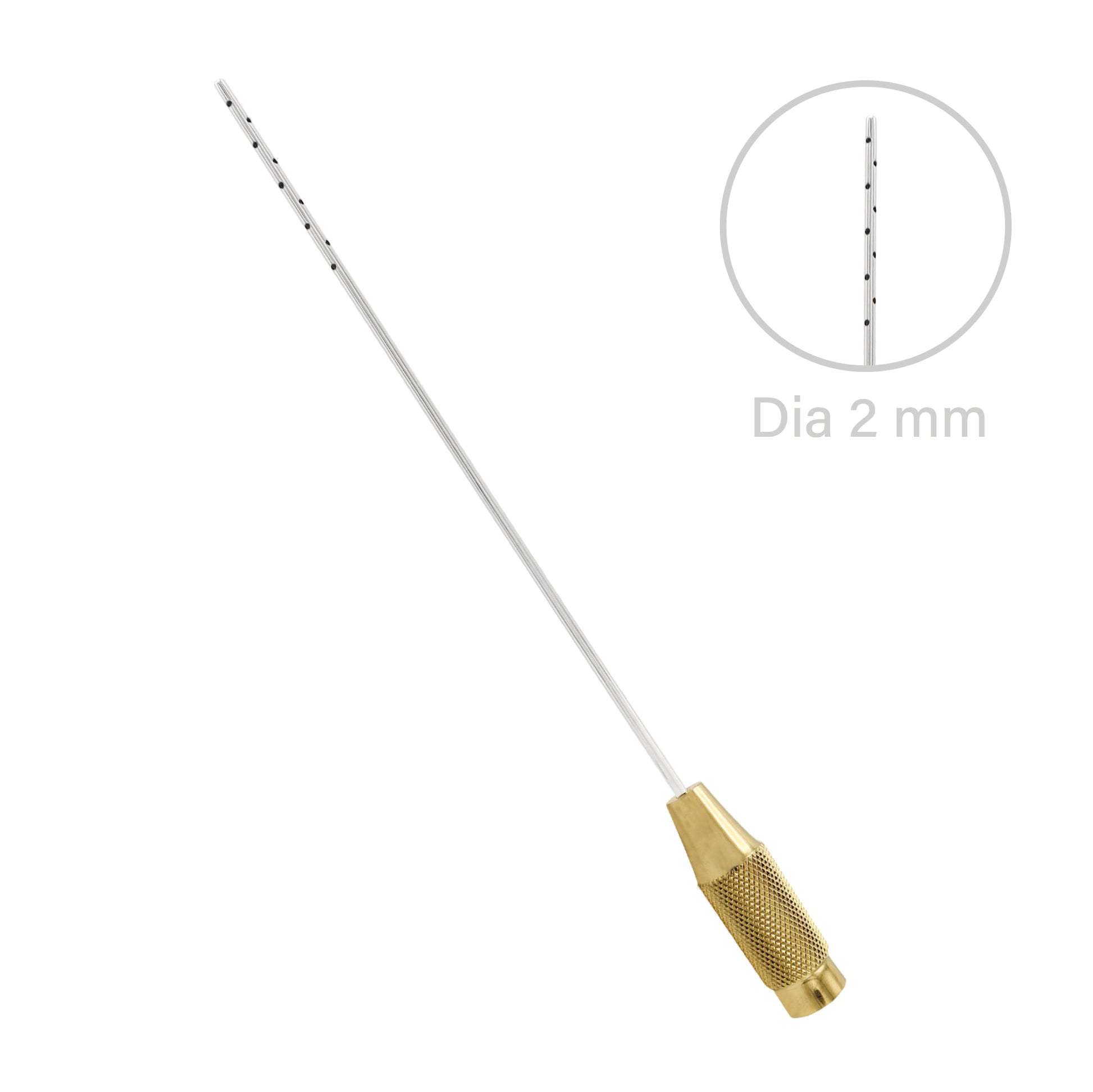 Stainless steel liposuction cannula for fat harvesting, featuring a multi-port tip and a textured gold handle.