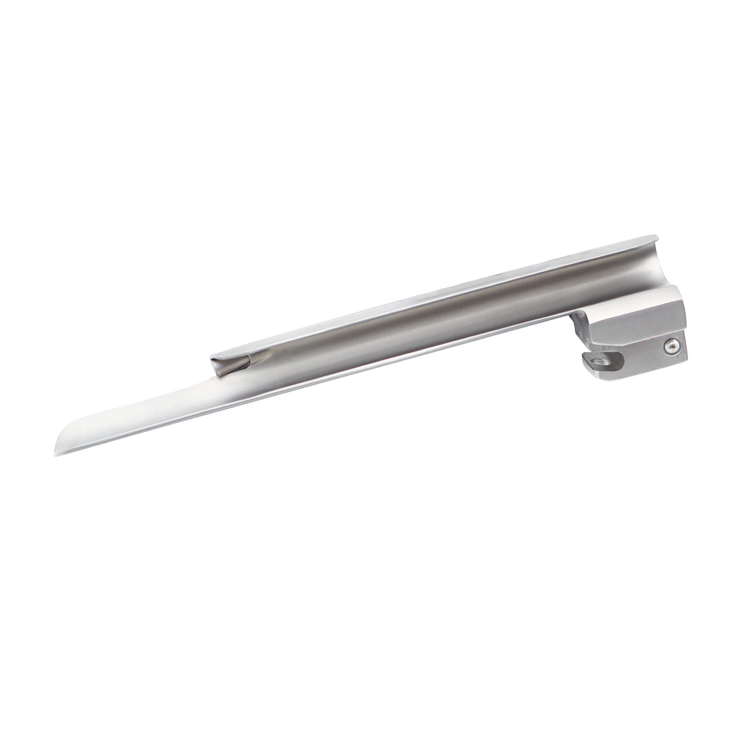 A professional-grade Miller size laryngoscope blade made of matte-finish stainless steel, featuring a straight profile with a curved tip and a fiber optic light port for medical intubation.