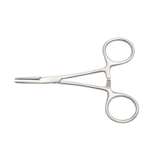 Medical-grade stainless steel straight hemostatic forceps with a locking ratchet handle and serrated jaws for surgical clamping.