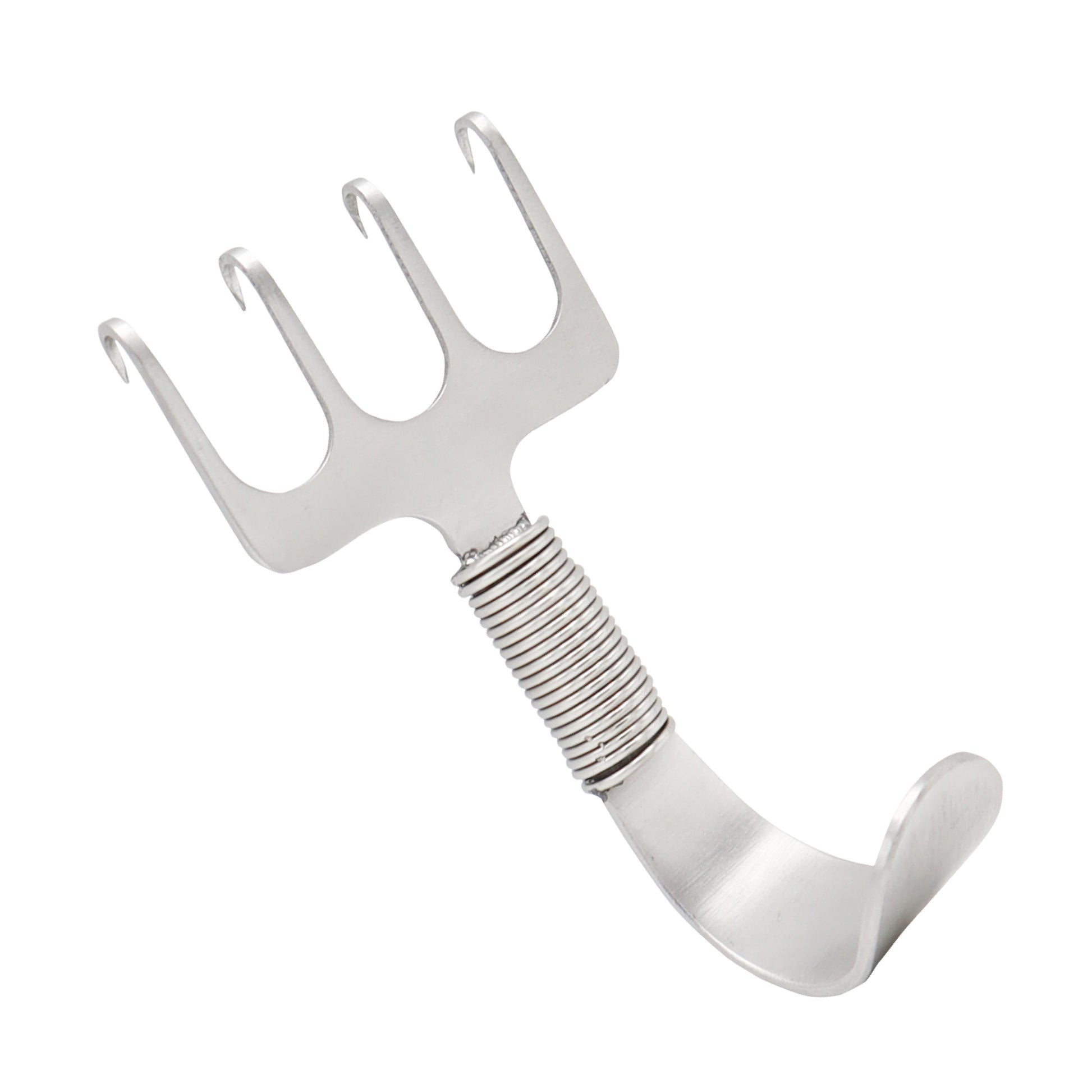  A surgical-grade stainless steel Gorney Rake Retractor featuring four sharp prongs, a spring-loaded neck, and a curved thumb hook handle for plastic surgery procedures.