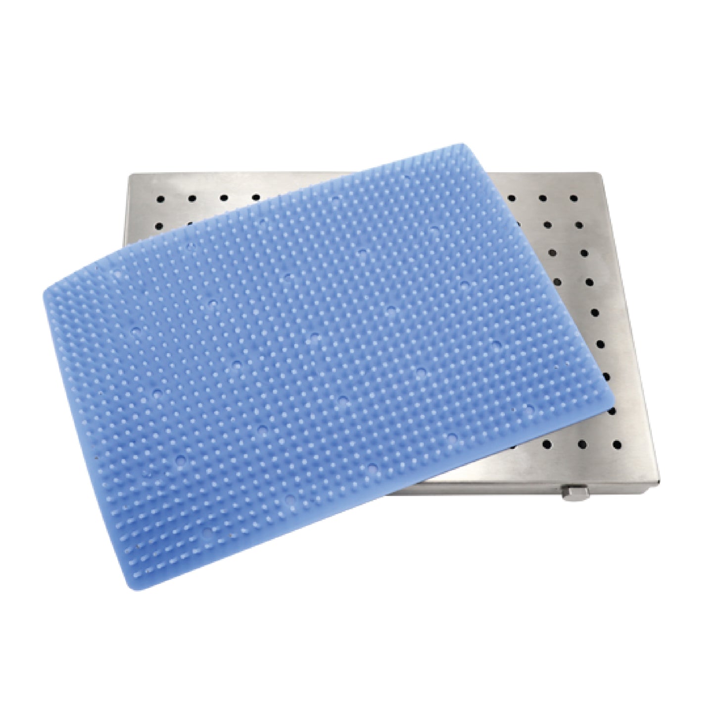 Stainless steel perforated surgical instrument sterilization tray with a protective blue silicone pin mat.