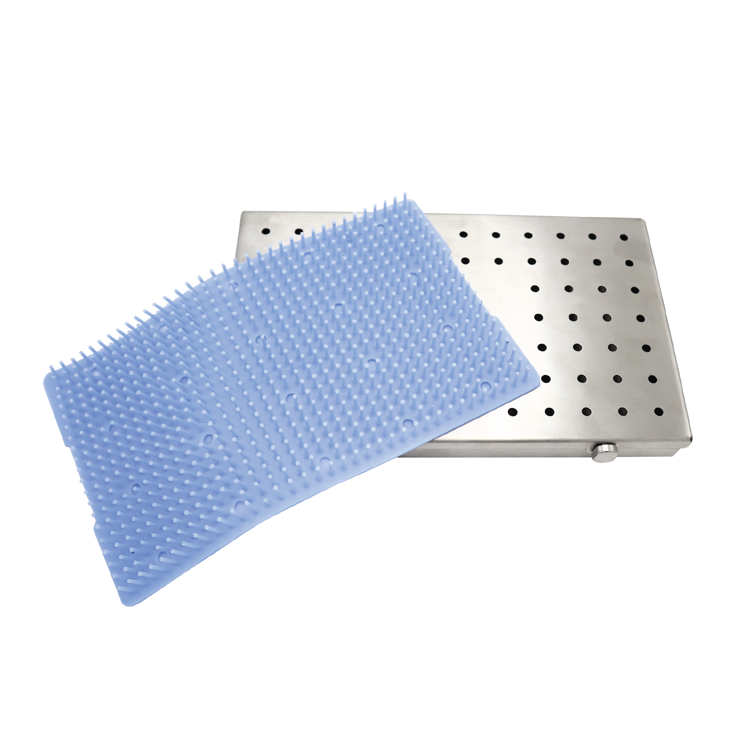 A perforated stainless steel medical sterilization tray shown with a blue heat-resistant silicone finger mat used to protect delicate surgical instruments during autoclaving.