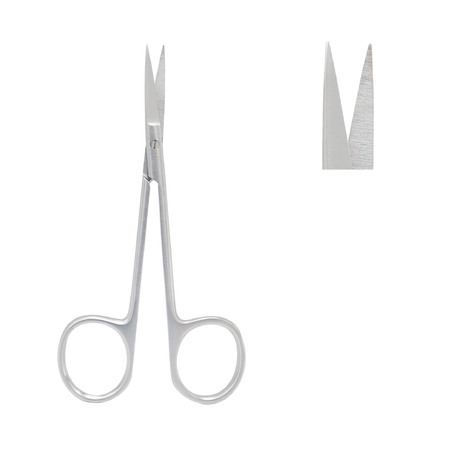 Straight surgical iris scissors with fine pointed tips made of stainless steel.