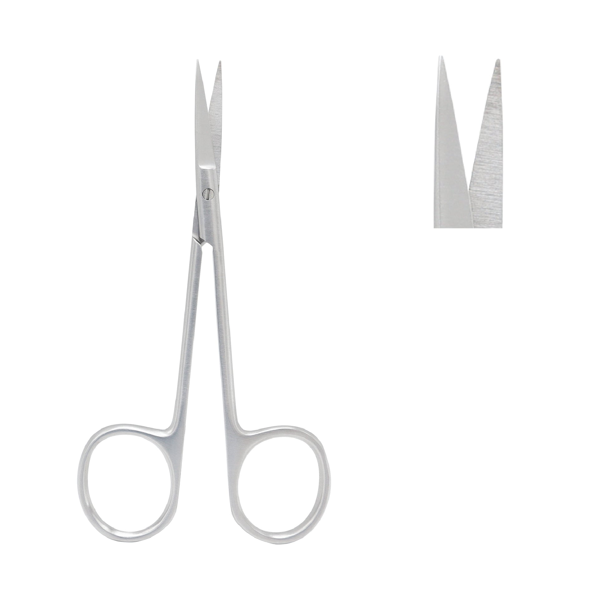 Straight surgical iris scissors with fine pointed tips made of stainless steel.
