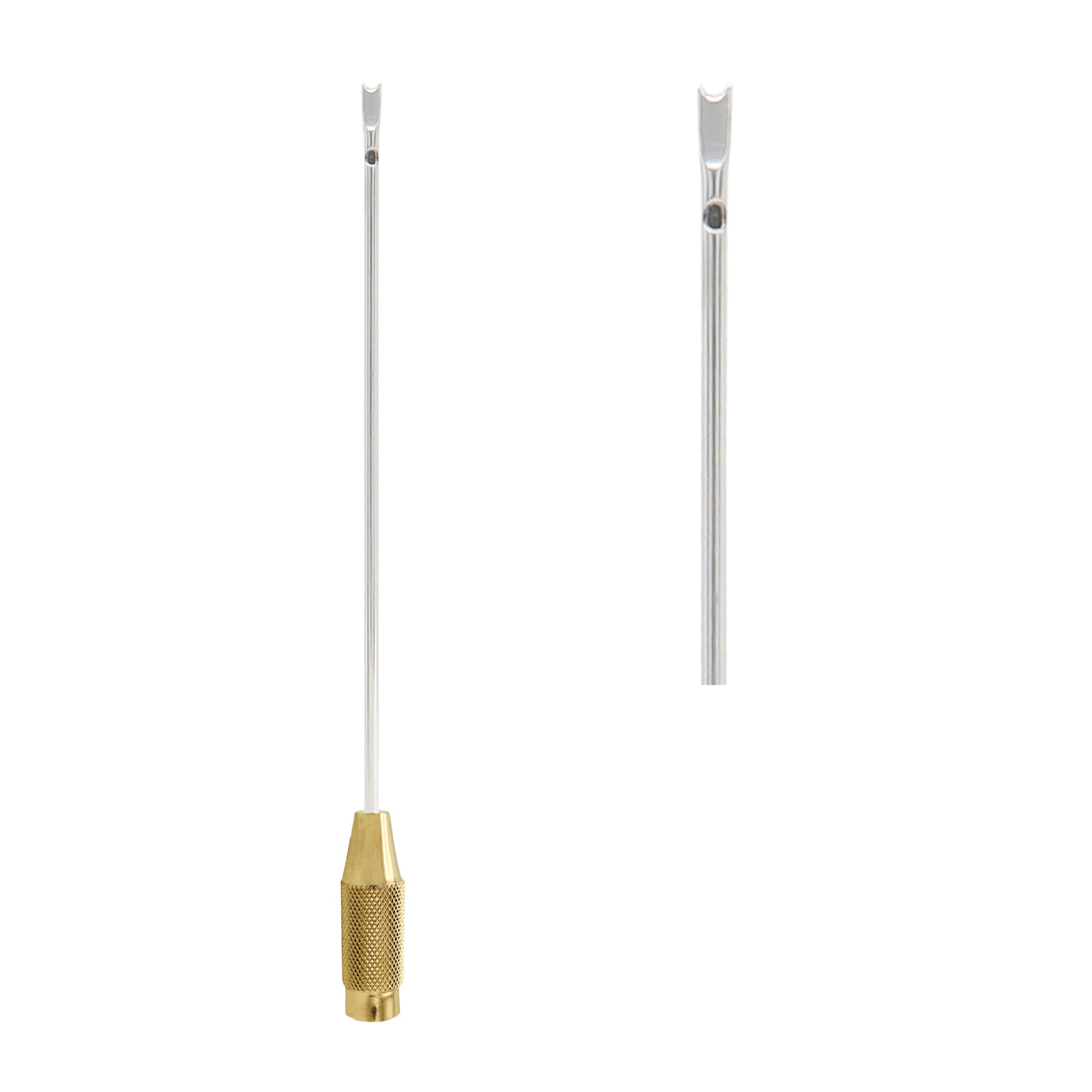 A Toledo Shark liposuction cannula featuring a long, slender stainless steel shaft with a specialized fork-shaped tip and a textured gold-plated handle for surgical precision.