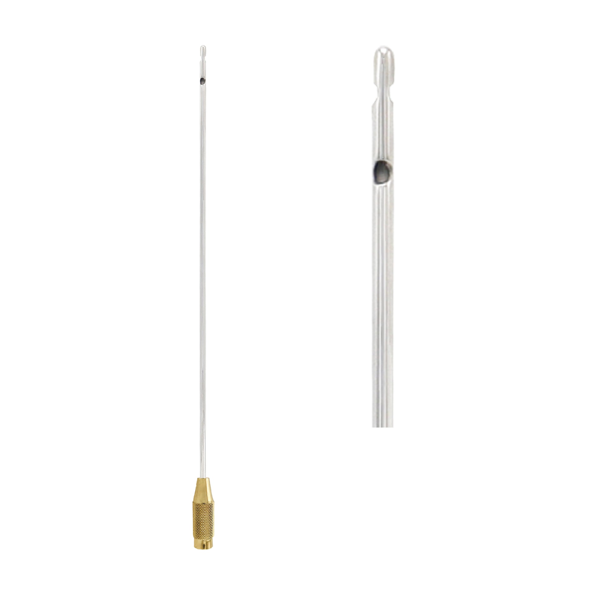 Single-use stainless steel liposuction cannula showing a long, thin tube with a lateral aspiration hole at the tip and a textured gold-plated grip handle