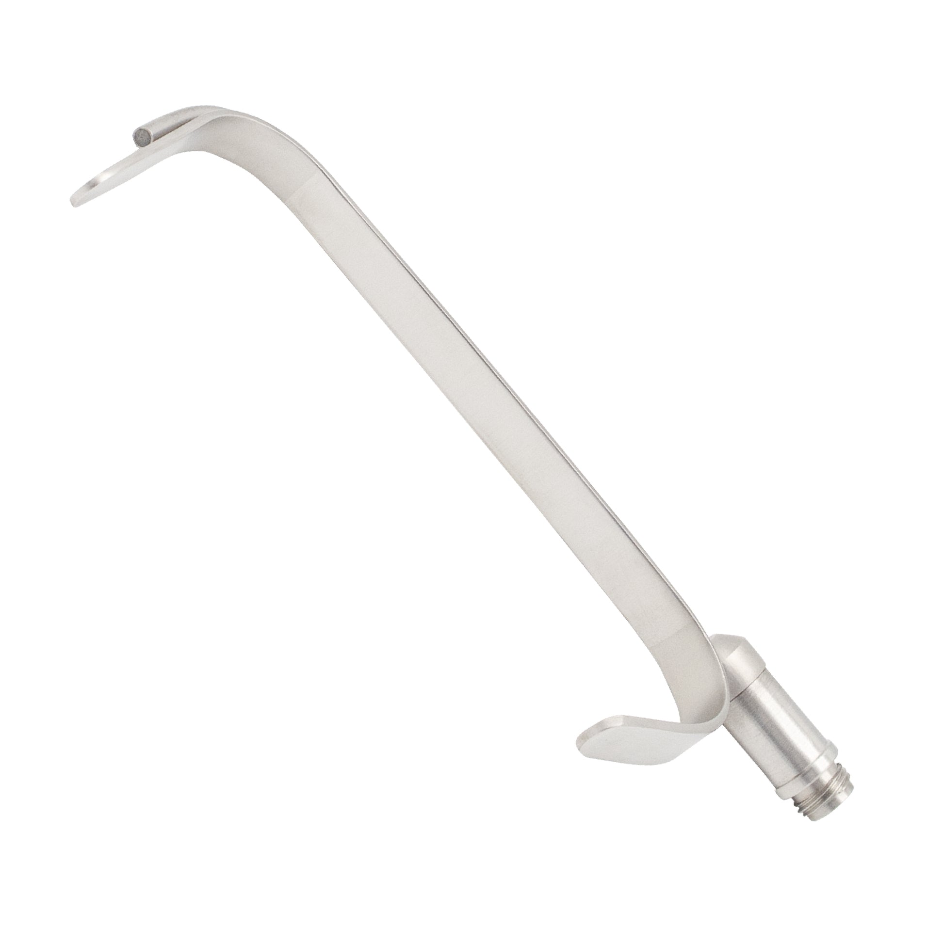 A stainless steel Maliniac nasal retractor with a long, thin, curved blade and an integrated fiber optic light connector at the base for surgical illumination.