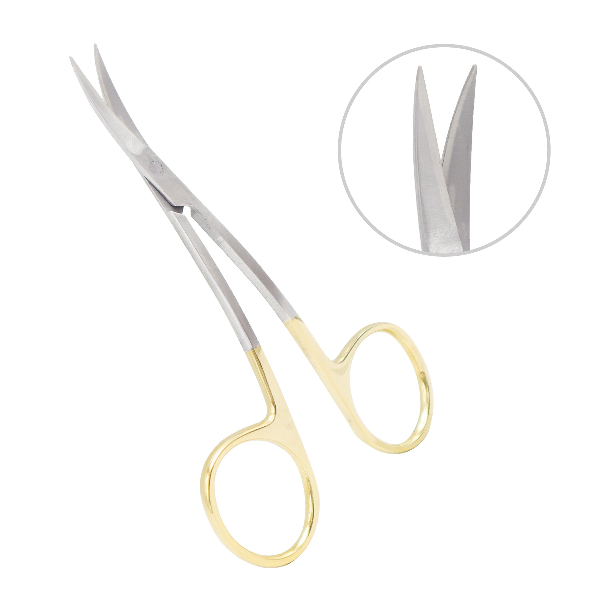 Scissors with gold handle and silver blades on a white background