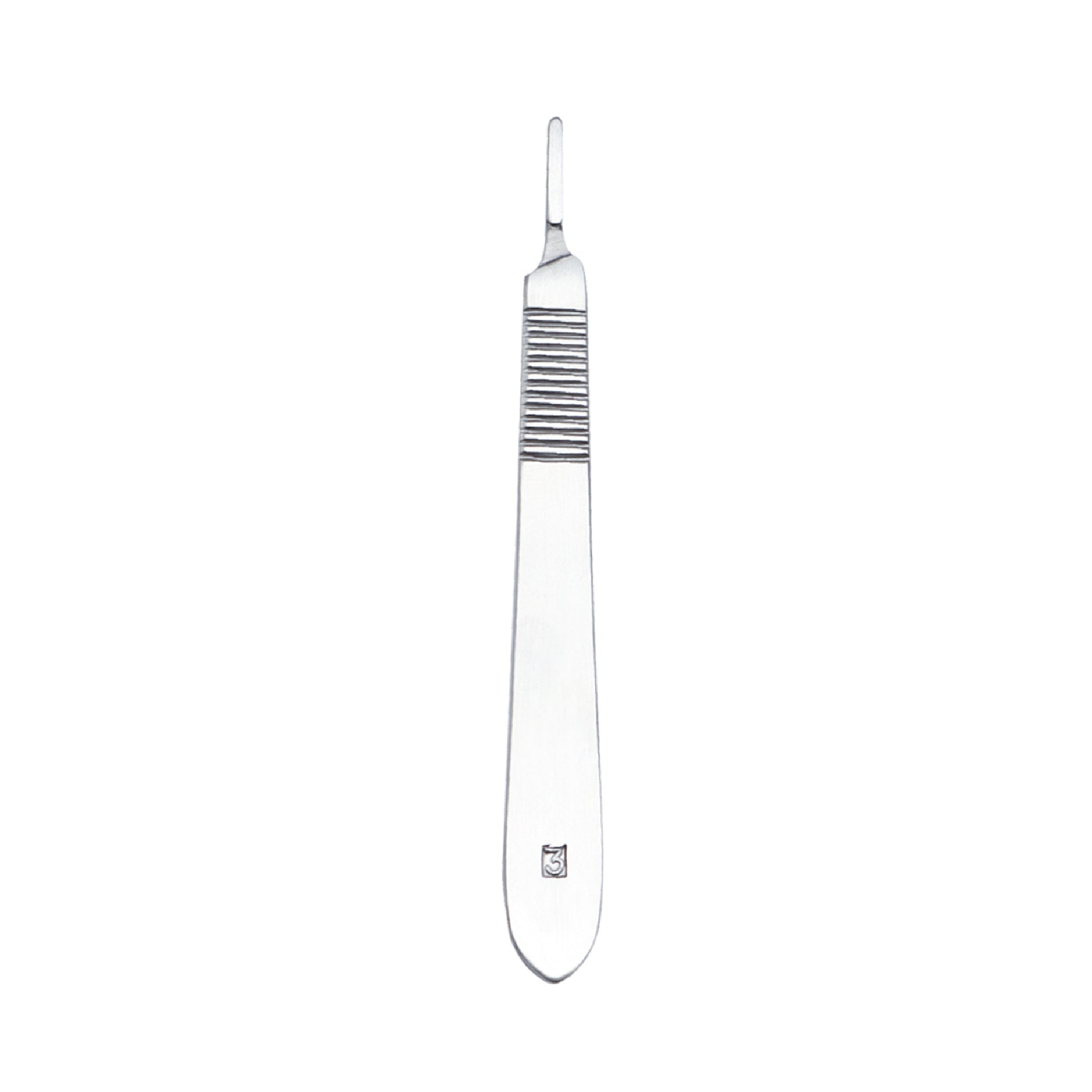 A high-quality stainless steel No. 3 scalpel handle, featuring a flat body with a textured, serrated grip section for precision handling and a specialized tip designed to securely hold detachable surgical blades.