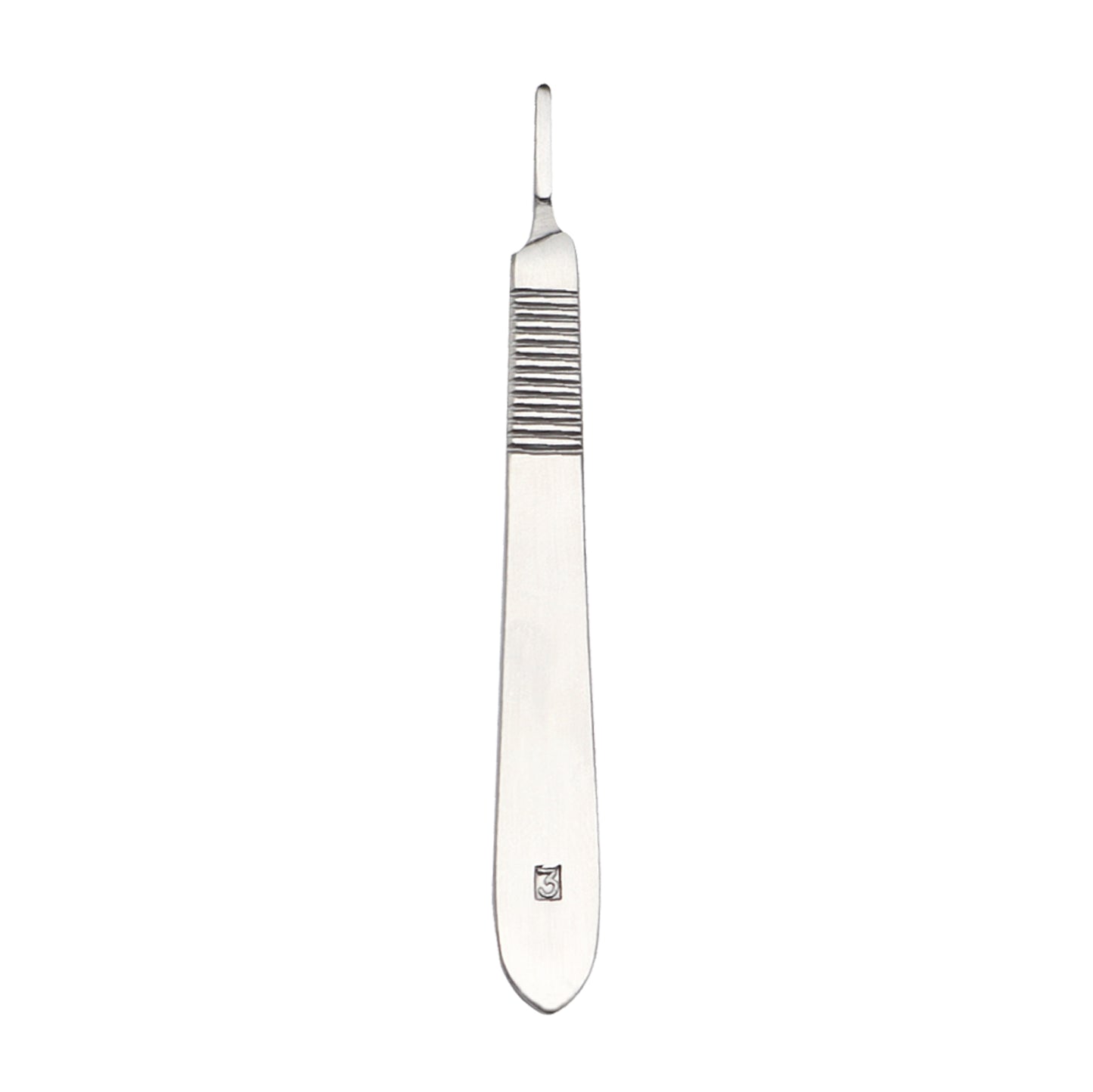 Stainless steel surgical scalpel handle No. 3 with a textured non-slip grip.