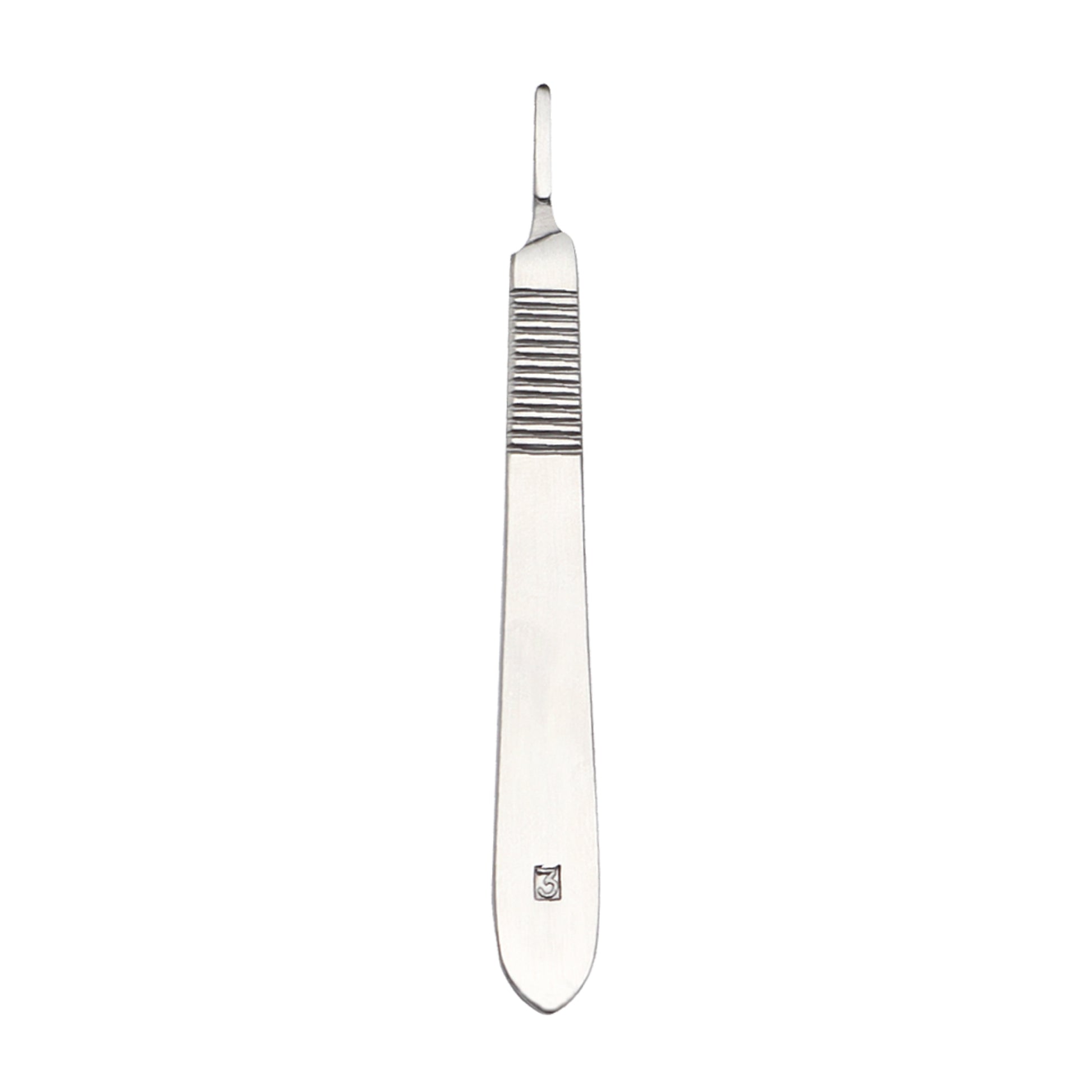 Stainless steel surgical scalpel handle No. 3 with a textured non-slip grip.