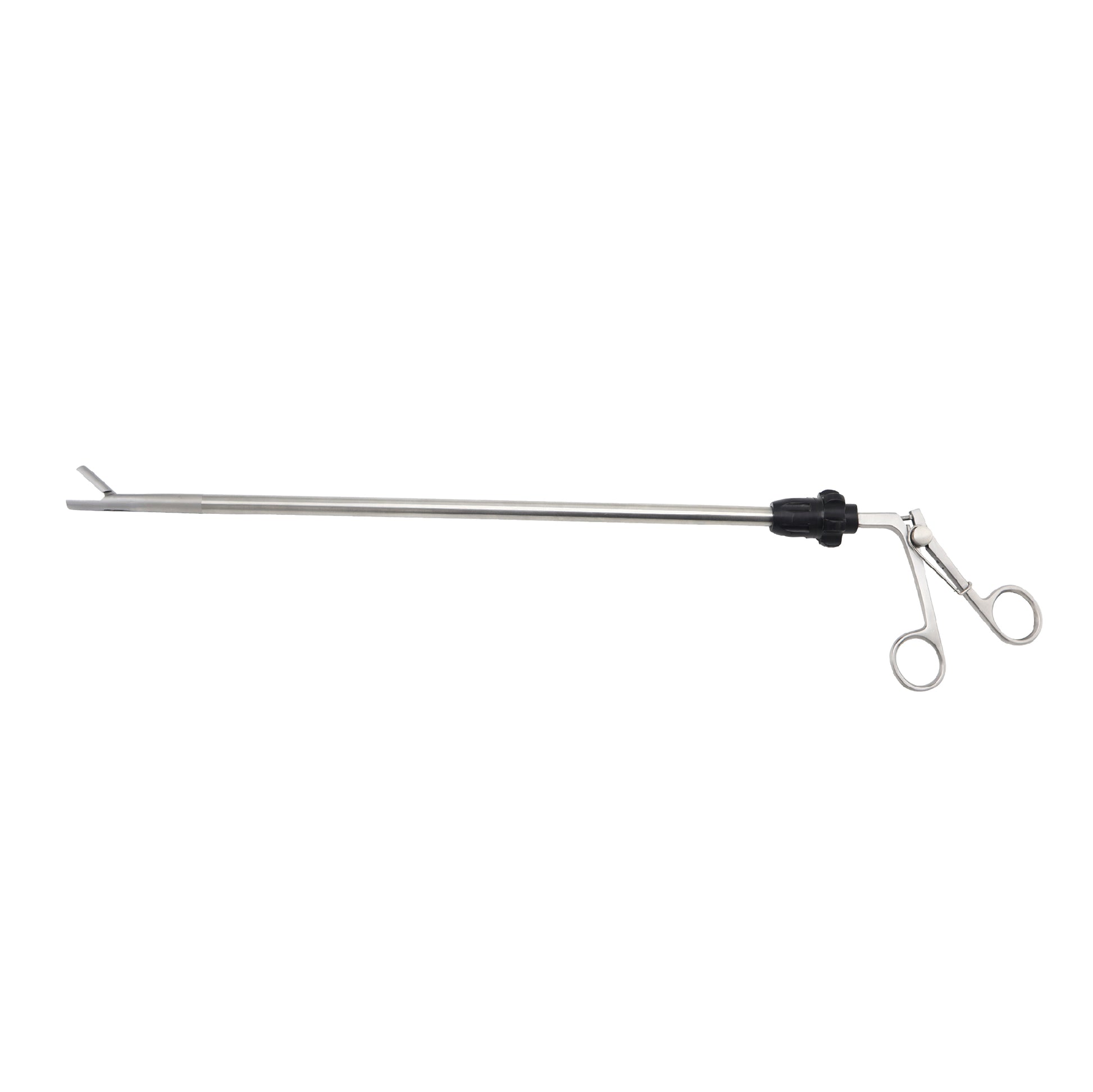 A medical instrument catalog photograph of a stainless steel laparoscopic spoon forceps, showcasing an elongated insulated shaft with a rotating knob, a spoon-shaped retrieval jaw tip at the left, and ergonomic scissor-style ring handles at the right, isolated on a clean white background.