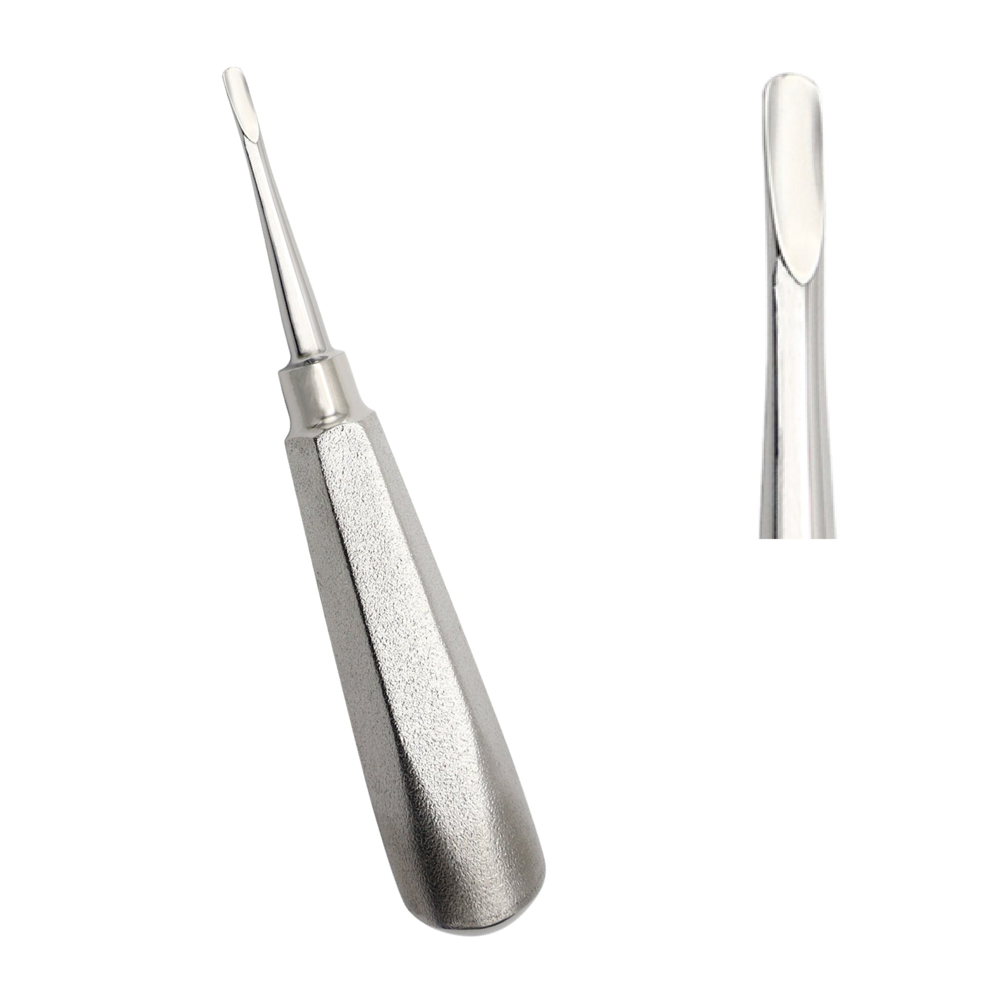 SurgiMac Seldin straight dental extraction elevator with a stainless steel ergonomic handle, showing both the full profile view and a close-up of the spade-like working tip.