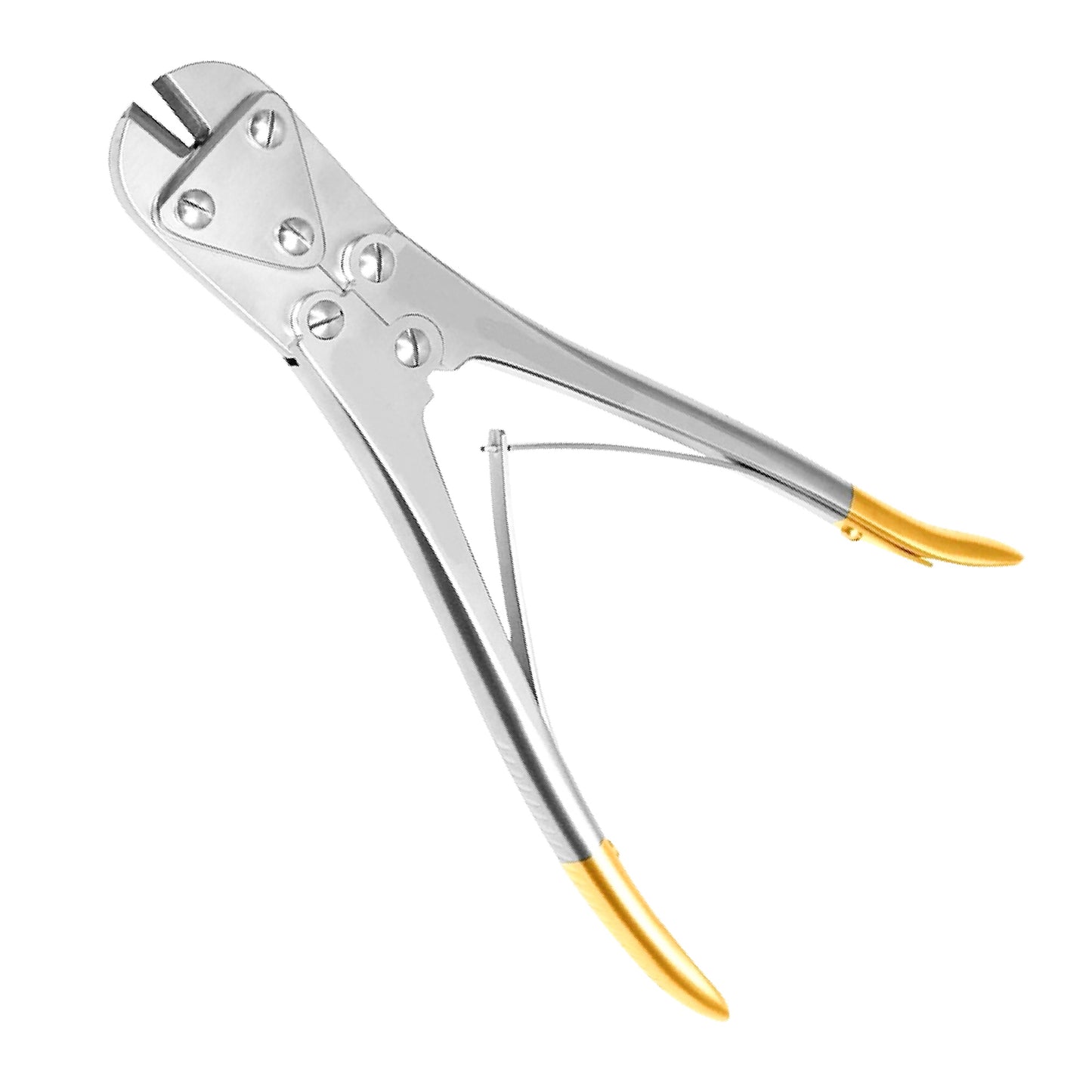 Surgical grade stainless steel double-action orthopedic plate and wire cutter tool with gold handles.