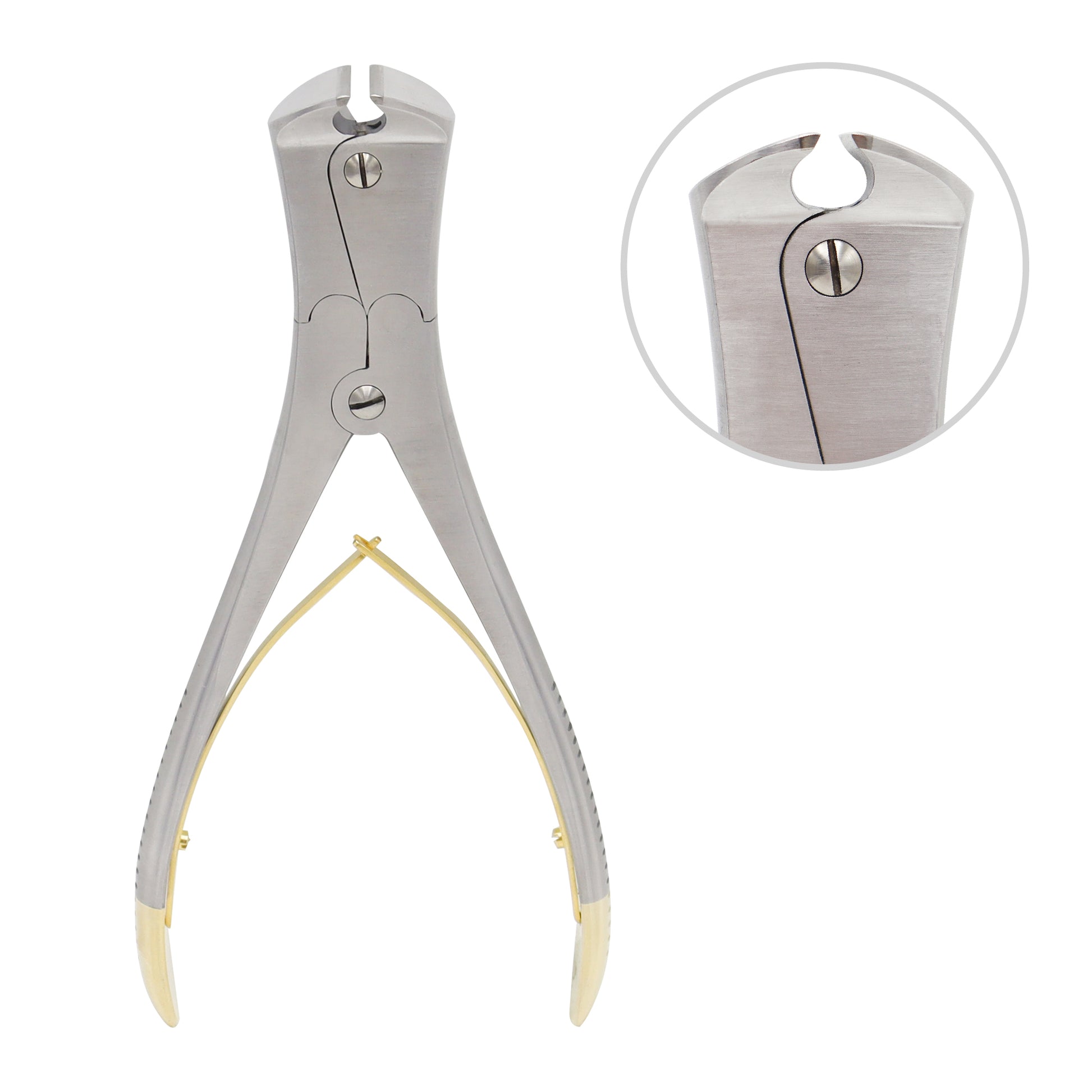 Medical grade Tungsten Carbide (TC) pin and wire cutter with gold-plated handles and flush-cut tip for orthopedic surgery.