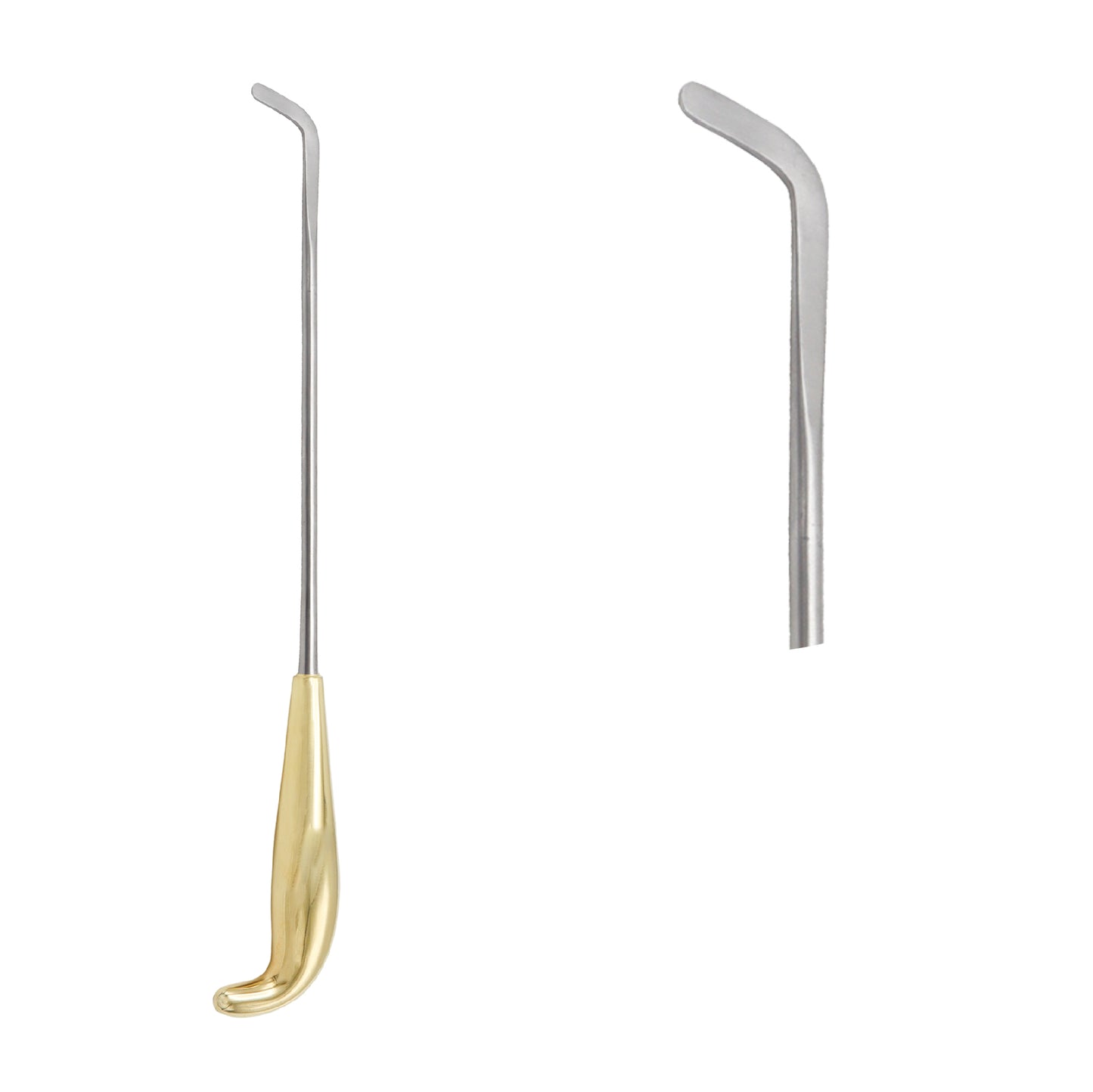 A stainless steel Angulated Breast Dissector with a gold-plated ergonomic handle and an L-shaped angled tip, commonly used in plastic surgery for breast augmentation.
