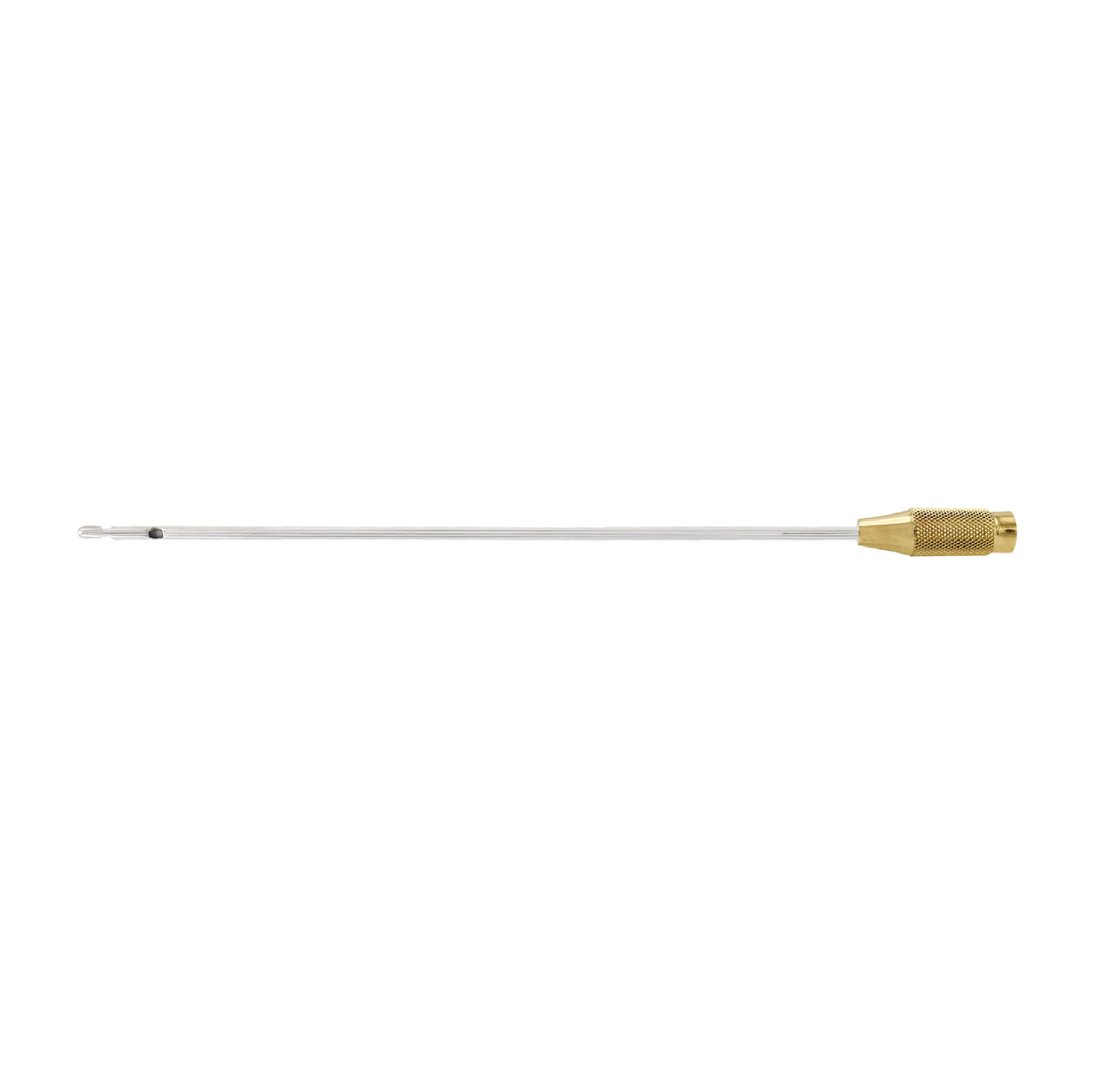 A professional medical liposuction cannula featuring a long, slim stainless steel tube with suction ports at the tip and a knurled gold-plated threaded handle.