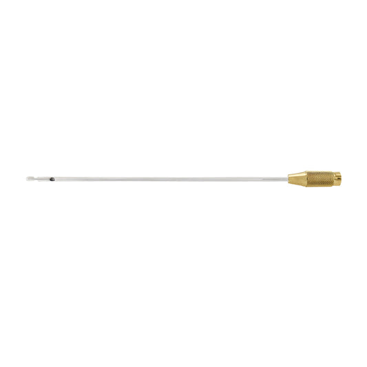 A professional medical liposuction cannula featuring a long, slim stainless steel tube with suction ports at the tip and a knurled gold-plated threaded handle.