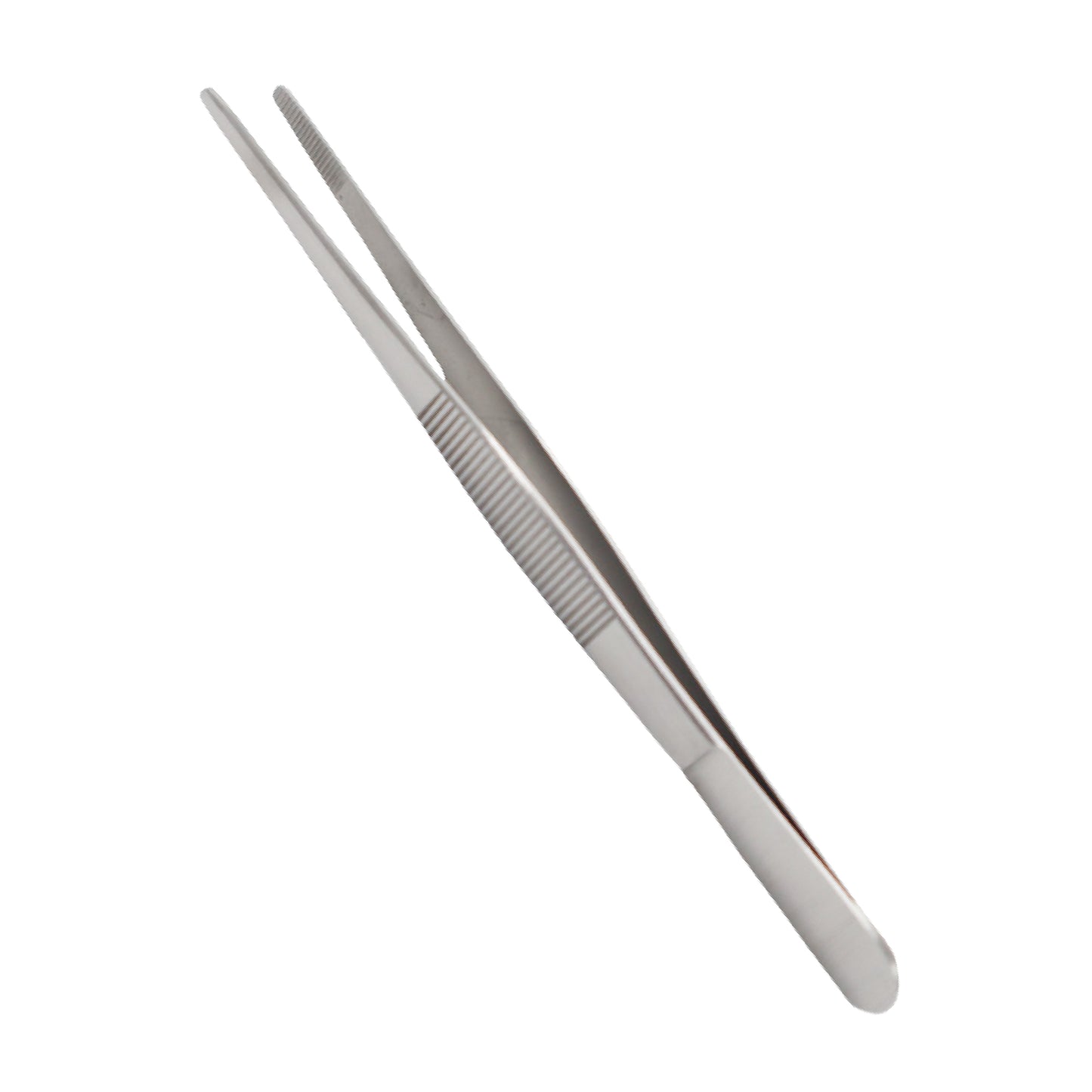 A pair of straight, stainless steel thumb dressing forceps with a ridged handle for grip and serrated blunt tips, shown against a plain white background.